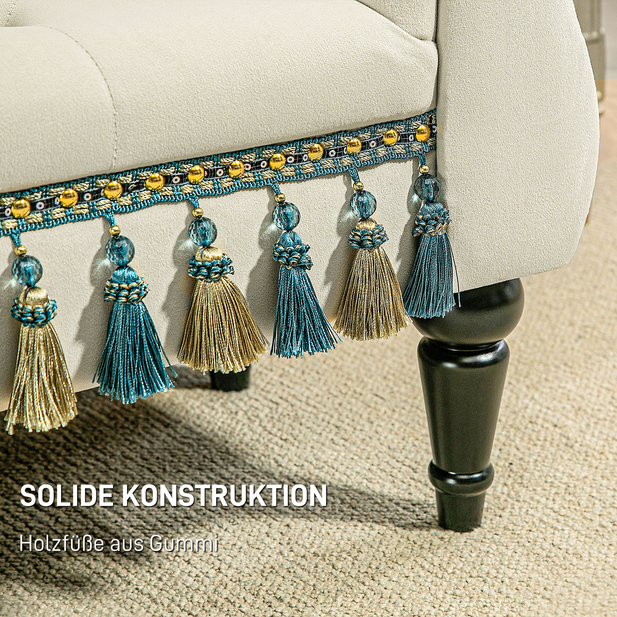 Polsterbank, Sitzbank, Vintage-Design, bis 150 kg, 117x40x58 cm, Beige