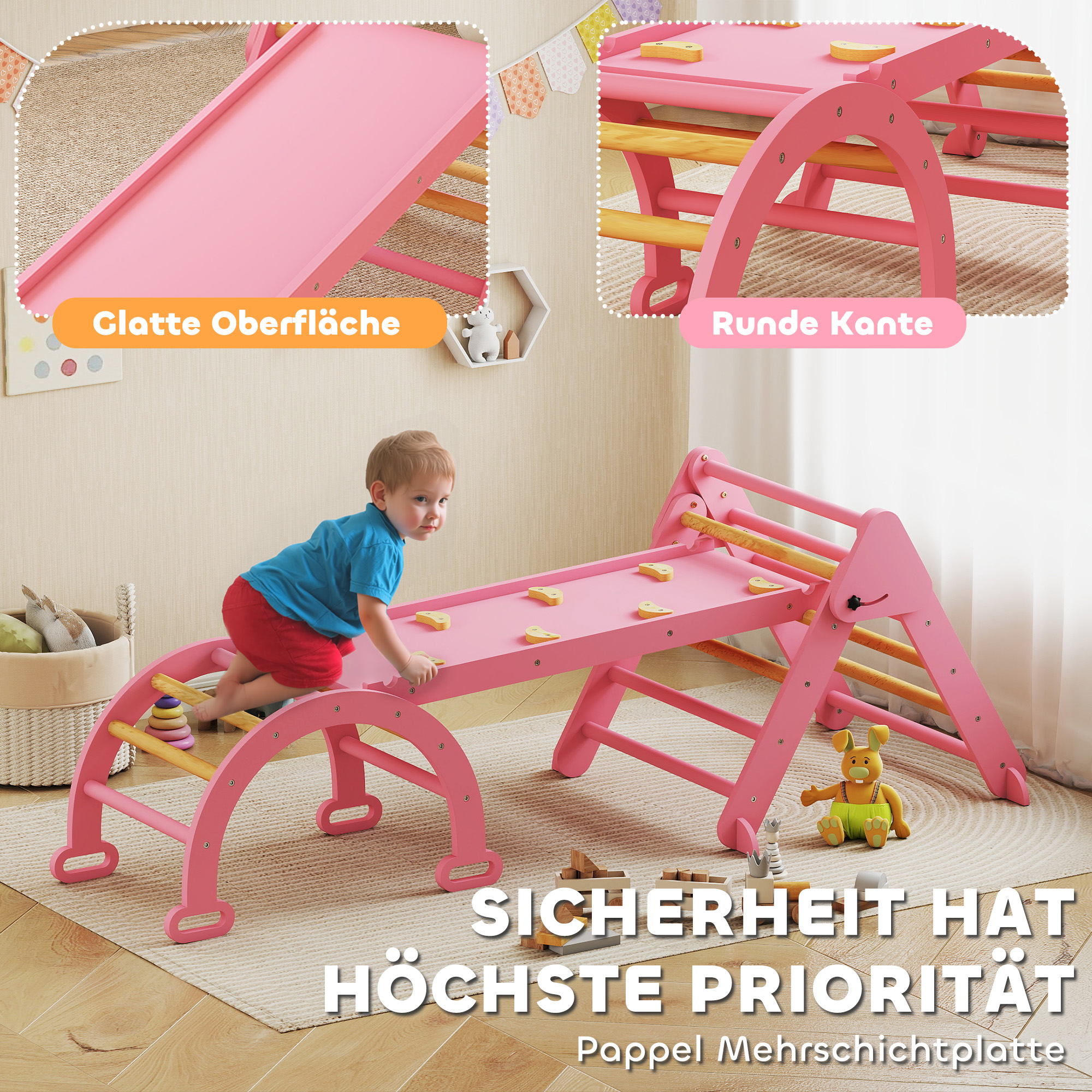 Klettergerüst Indoor, 7 in 1 klappbar Kletterdreieck mit Rutsche, Kletterbogen