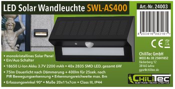 LED Solar Wandleuchte "SWL-AS400", IP44, warmweiß 3000K, PIR Sensor