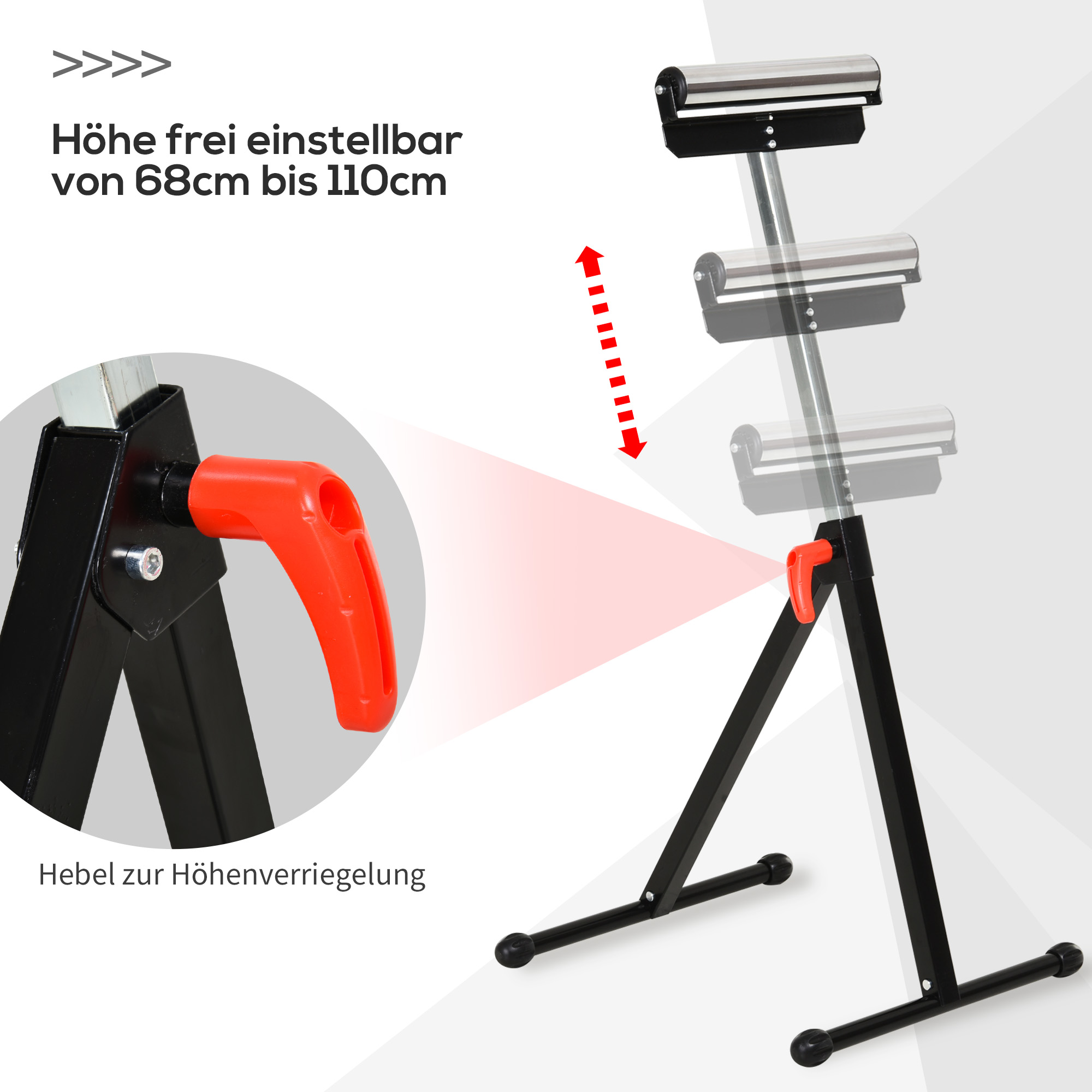 Rollenbock, Rollenauflage, Höhenverstellbares Arbeitsbock, Rollenständer, Hiflsbock, Stützbock, bis 90 kg, Metall, Schwarz, 44 x 50 x 68-110 cm