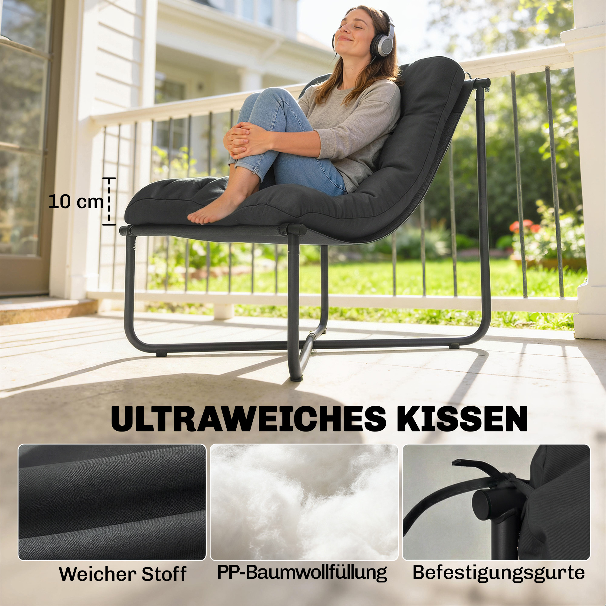 Lounge Sessel Outdoor Ergonomischer Gartensessel mit hautfreundlich Kissen Breiter Sitz Stahlrahmen Dunkelgrau