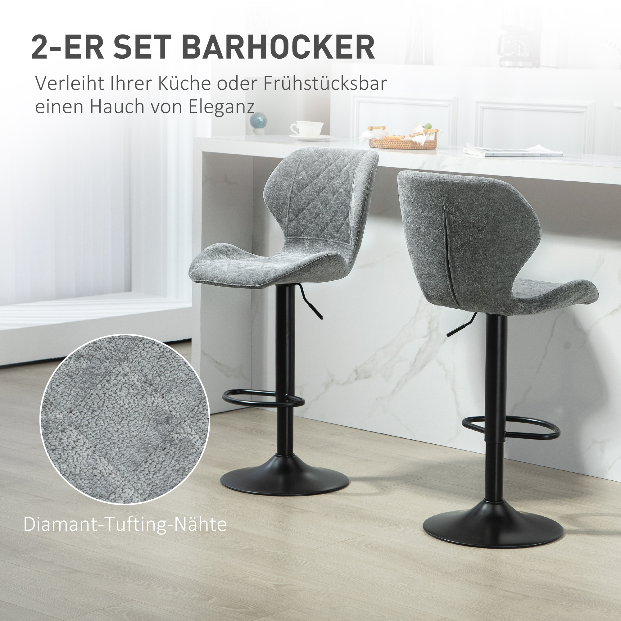 Barstühle im 2er-Set, Höhenverstellbare Küchenhocker mit Rückenlehne, Gaslift, Fußstütze, drehbar, Grau