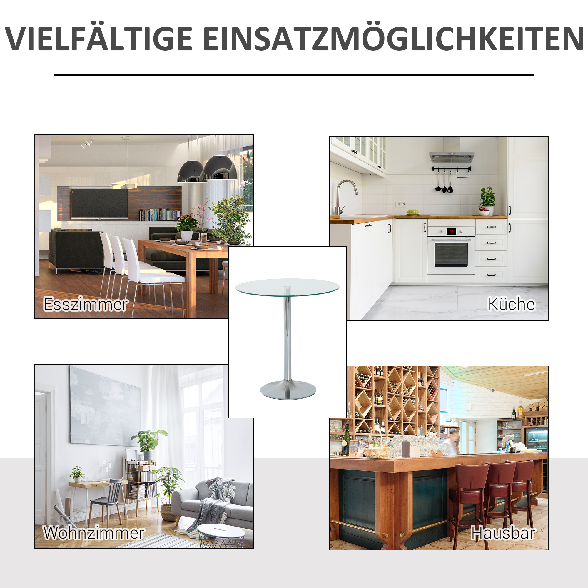 runder Esstisch mit Glastischplatte, Metallgestell, Silberfarben