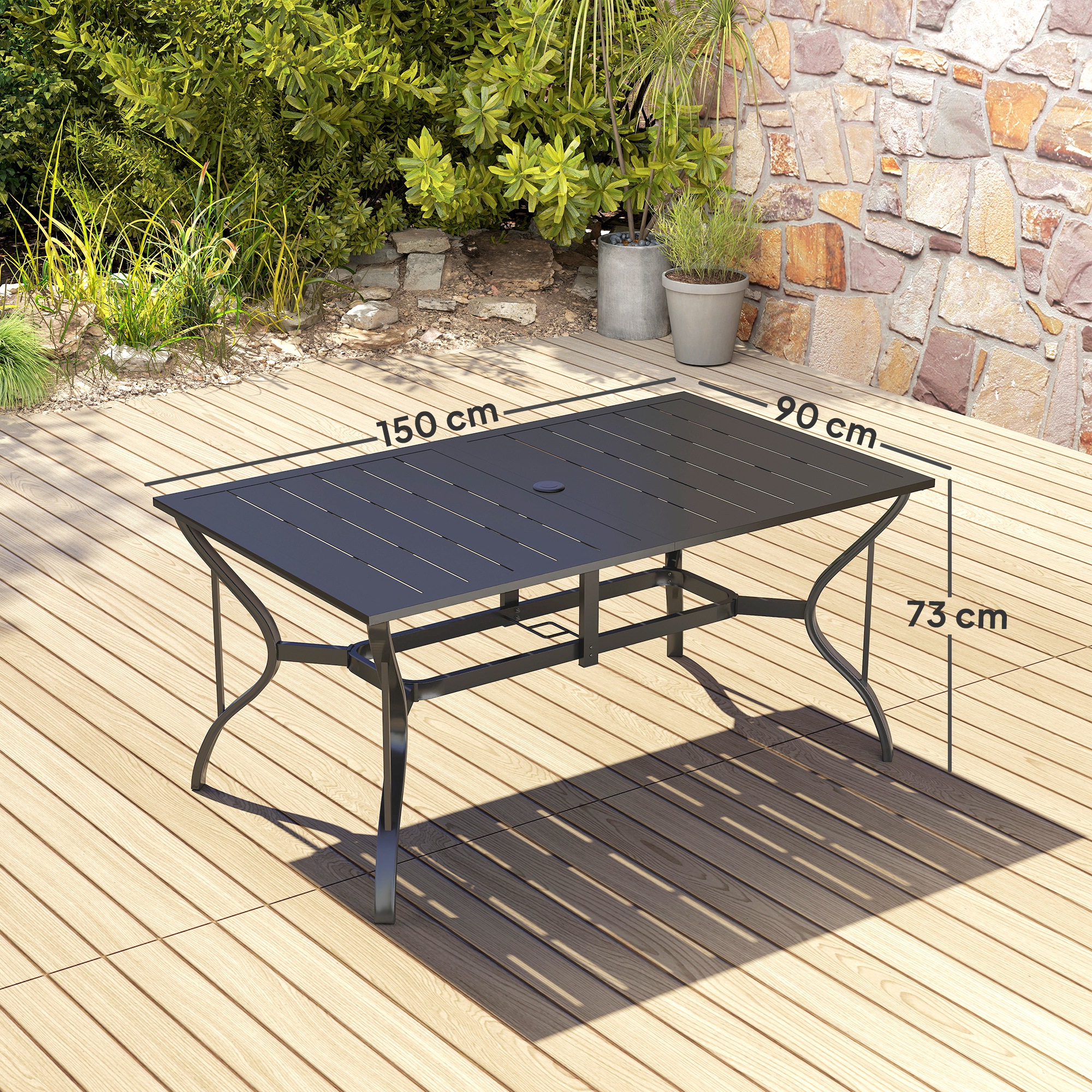 Gartentisch Stahl 150x90 cm Wetterfest Balkontisch mit Schirmloch, Lamellen-Design für 6 Personen Schwarz