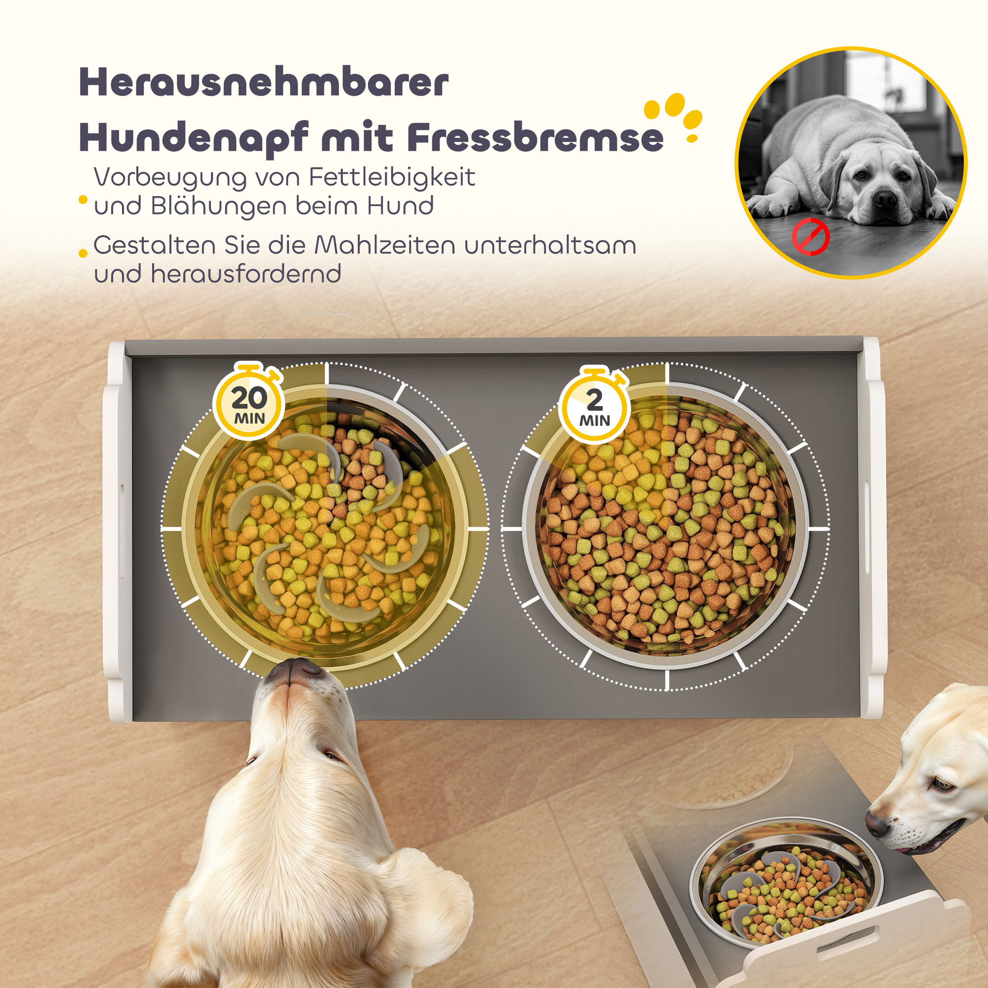 Hundenapf erhöht Futternapf mit Aufbewahrungsschrank, 2 Schüsseln mit Anti-Rutsch-Ringe, 60 x 30 x 35,5 cm, Weiß