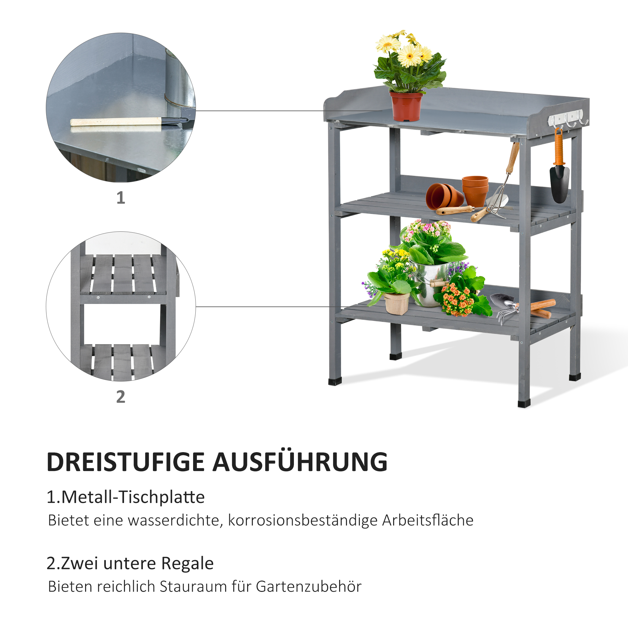 Pflanztisch Gärtnertisch Blumentisch mit Metall Arbeitsfläche Garten Holz Grau 76 x 37 x 89 cm