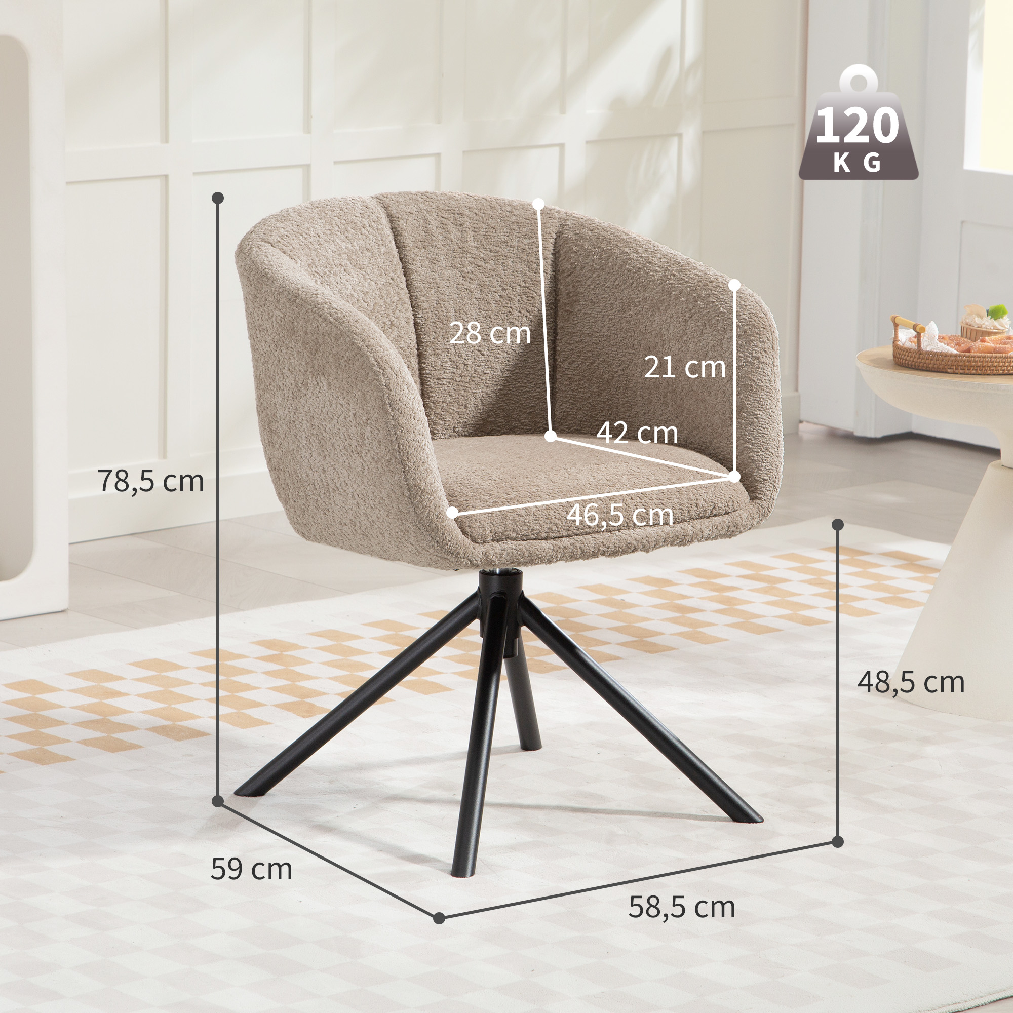 Sessel, Polsterstuhl mit bequemer Sitzschale, drehbar, kuscheliger Bezug, bis 120 kg, Hellbraun
