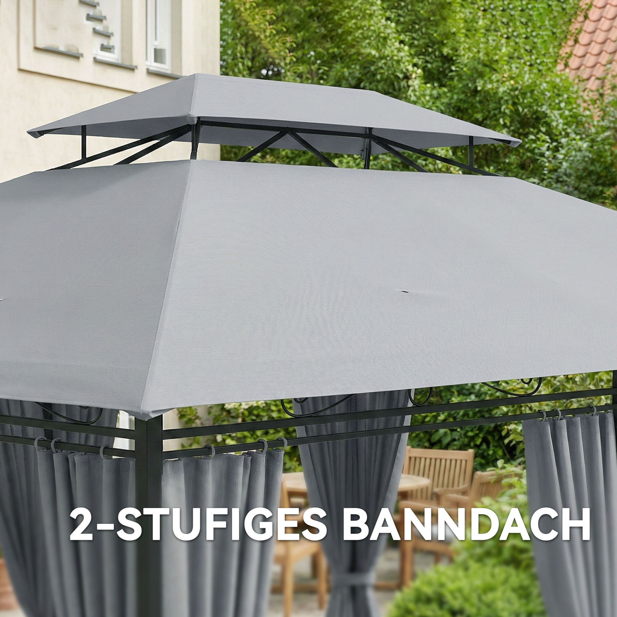 Gartenpavillon, Outdoor Pavillon mit Vorhängen, belüftetem Dach, Dunkelgrau