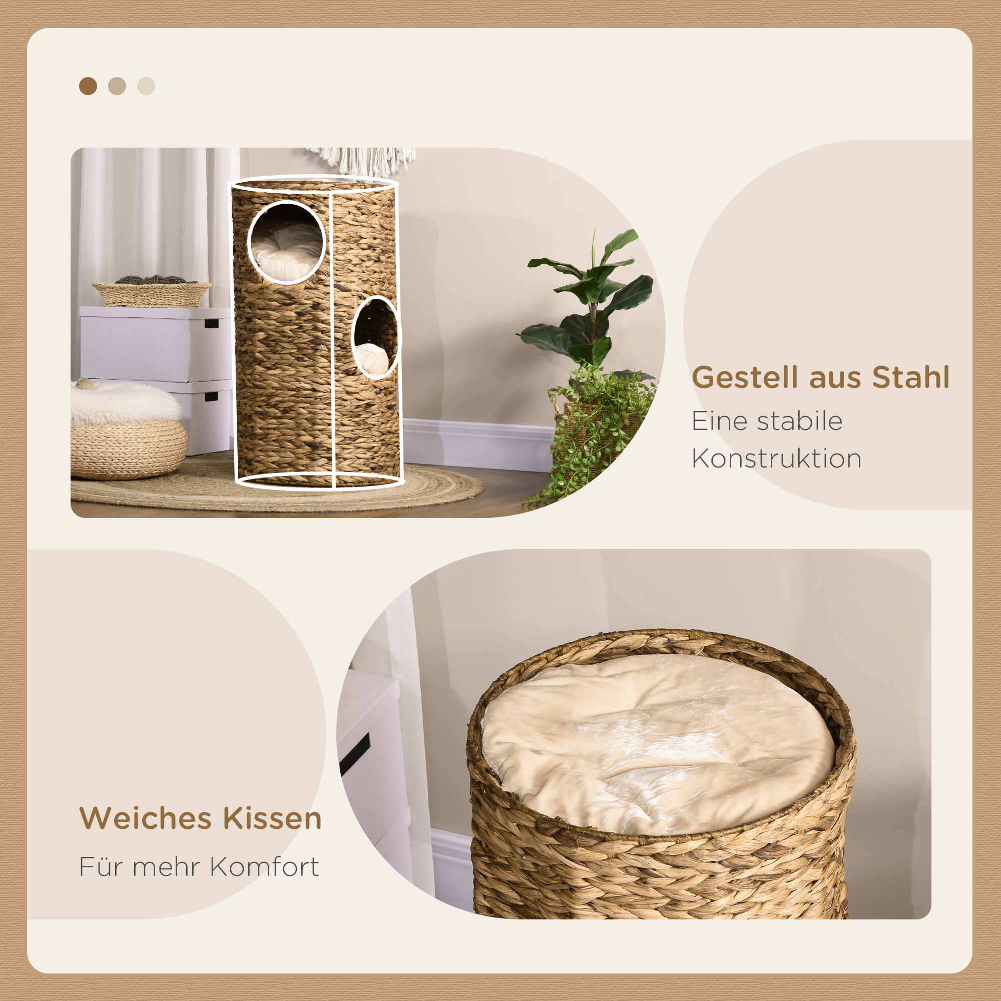 Katzenhöhle mit 3 Ebenen, 3 Eingänge, Boho-Design, inkl. Kissen, 40 cm x 40 cm x 73 cm, Hellbraun + Cremeweiß