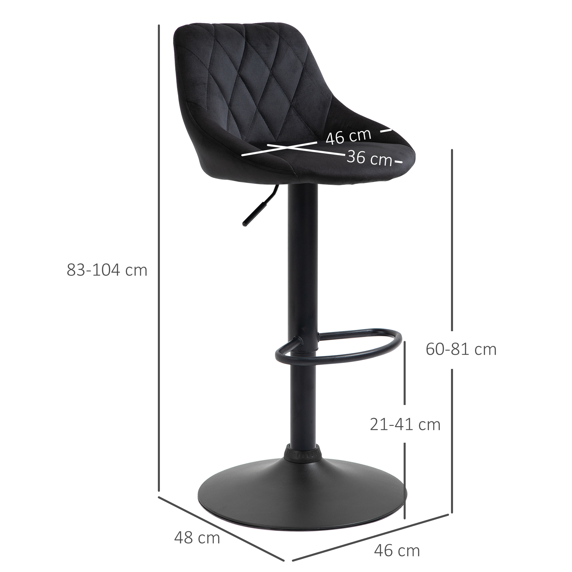 Barhocker 2er Set Höhenverstellbar Drehbar Barstühle mit Samtoptik Tresenhocker mit Rückenlehne mit Diamant-Tufting und Fußstütze für Bar, Theke, Esszimmer, Stahl Schwarz