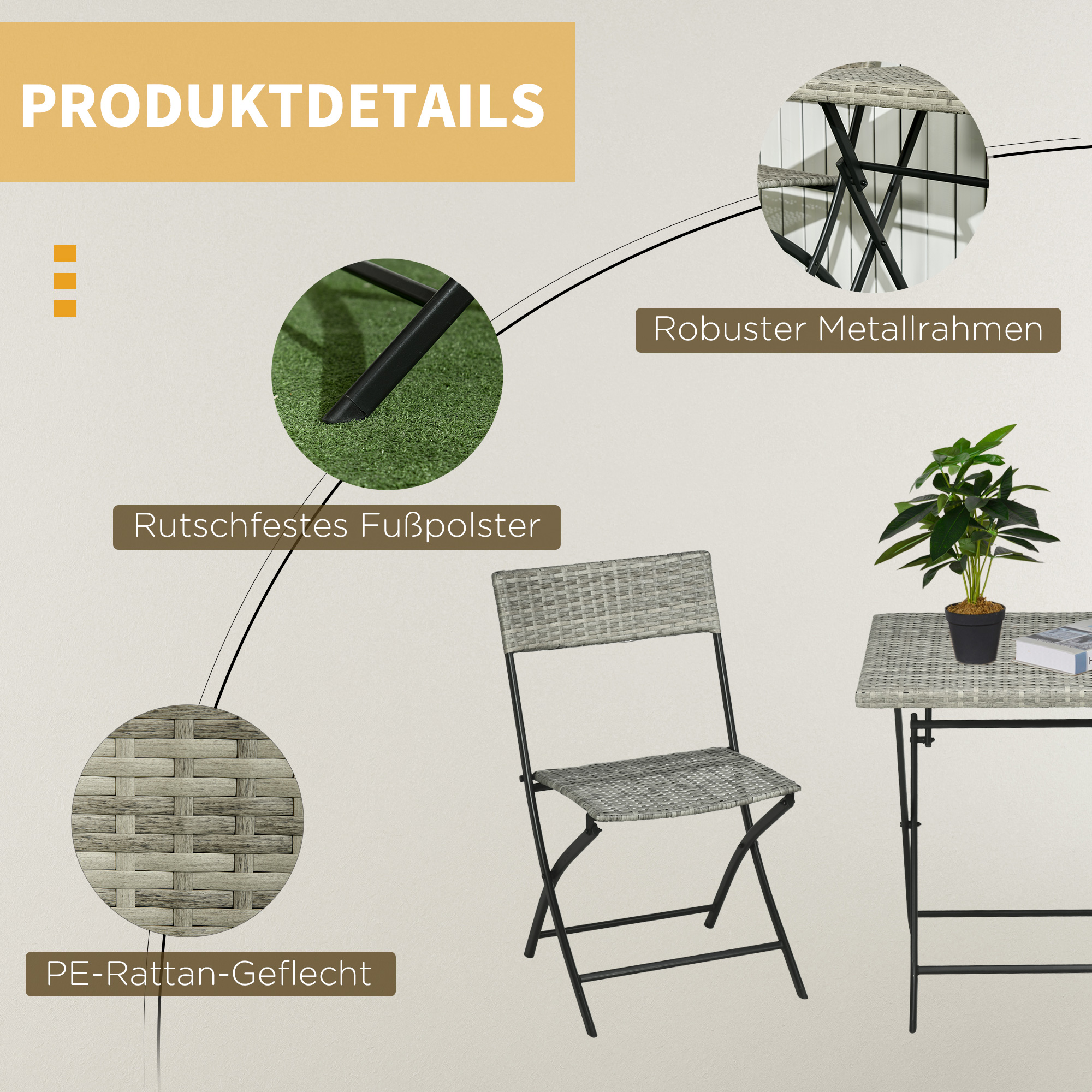 3-tlg, Gartensitzgruppe, 2 Klappstühle, 1 Klapptisch, Rattanoptik, Metallrahmen, hellgrau