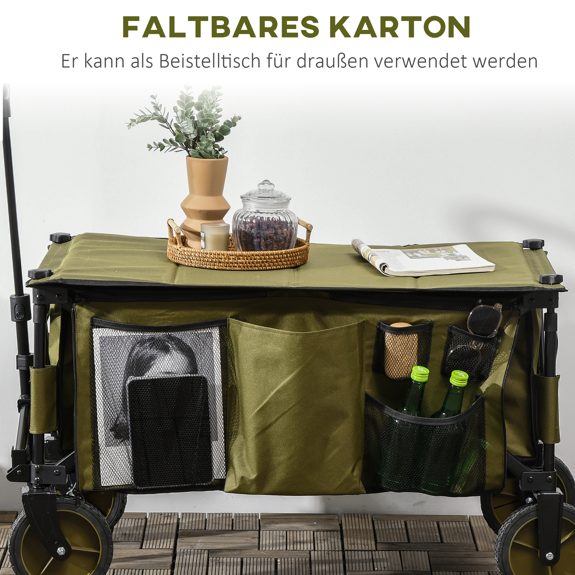 Bollerwagen, klappbar, 5 Seitentaschen, verstellbarer Griff, bis 120 kg belastbar, Stahl, 108 x 55 x 93 cm, Grün