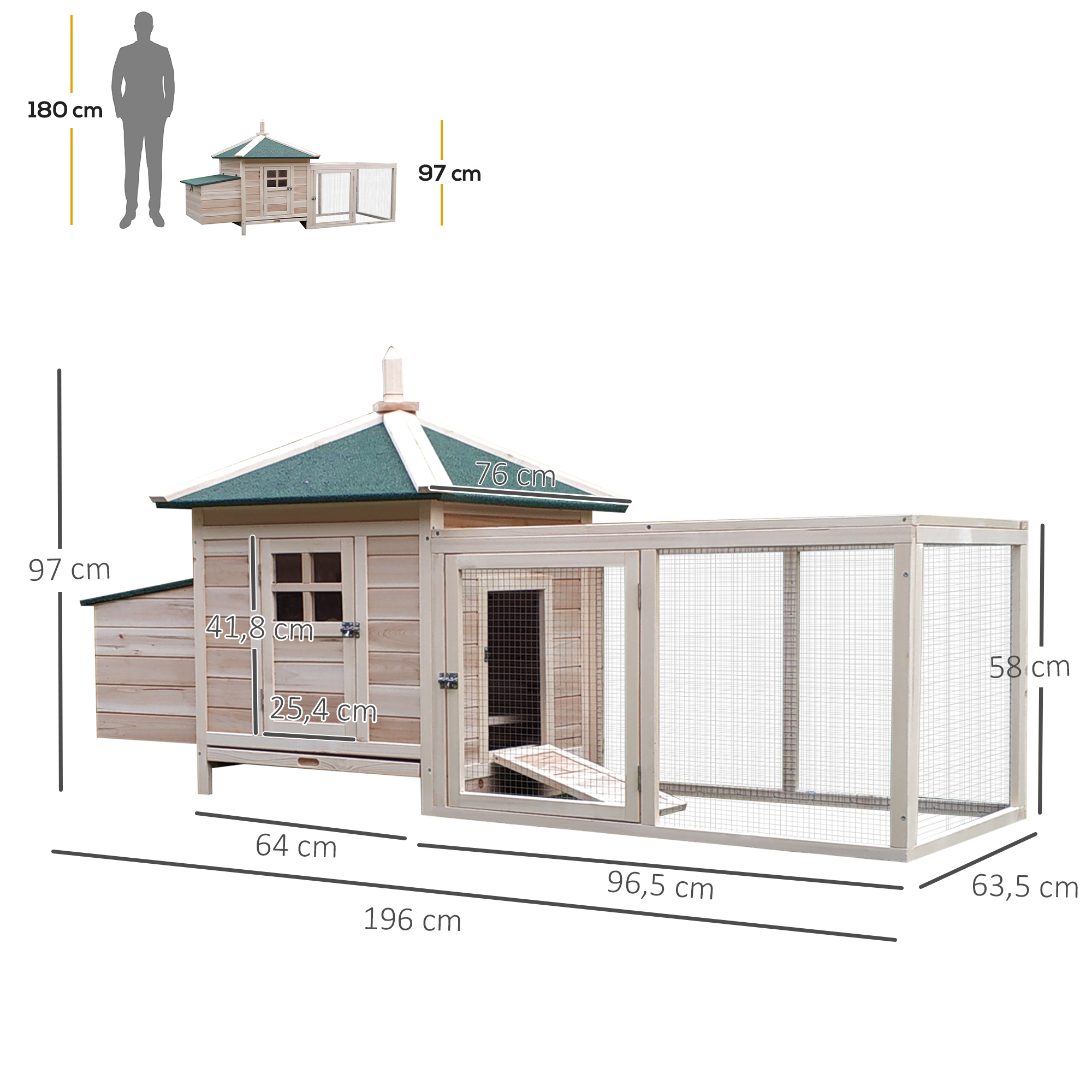Hühnerstall für Zwerghühner 196 x 76 x 97 cm witterungsbeständig Hühnerhaus mit Nistkasten, Freilaufgehege Sitzstange, Kleintierstall aus Holz für 1-2 Hühner, Natur