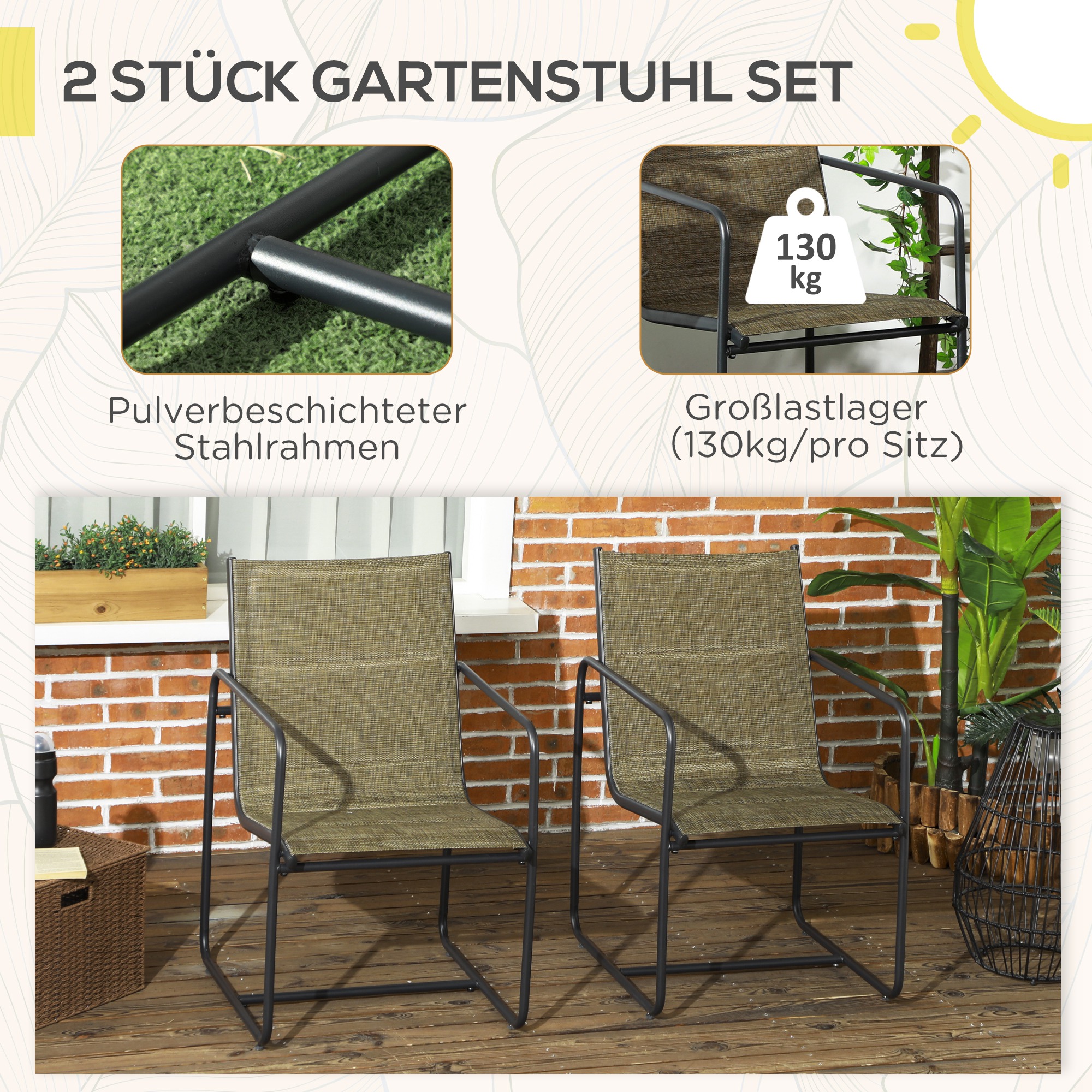 Gartenstuhl, 2er-Set, atmungsaktiver Bezug, robuster Metallrahmen, 54x66,5x88cm, Schwarz/Braun