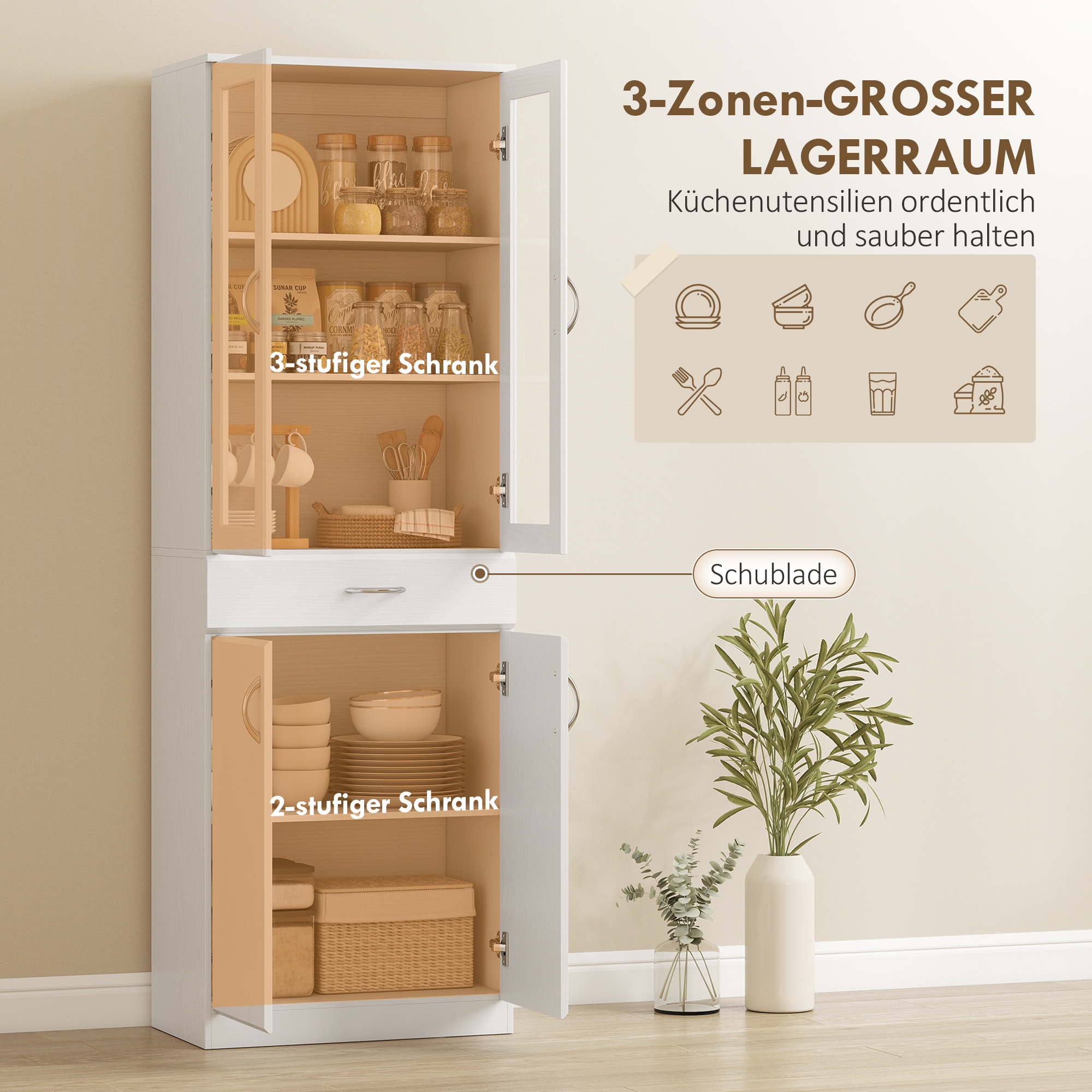Küchenschrank Buffetschrank mit verstellbar Regal Schublade 2 Schrank Hochschrank mit Glastür 60 x 35 x 180 cm Weiß