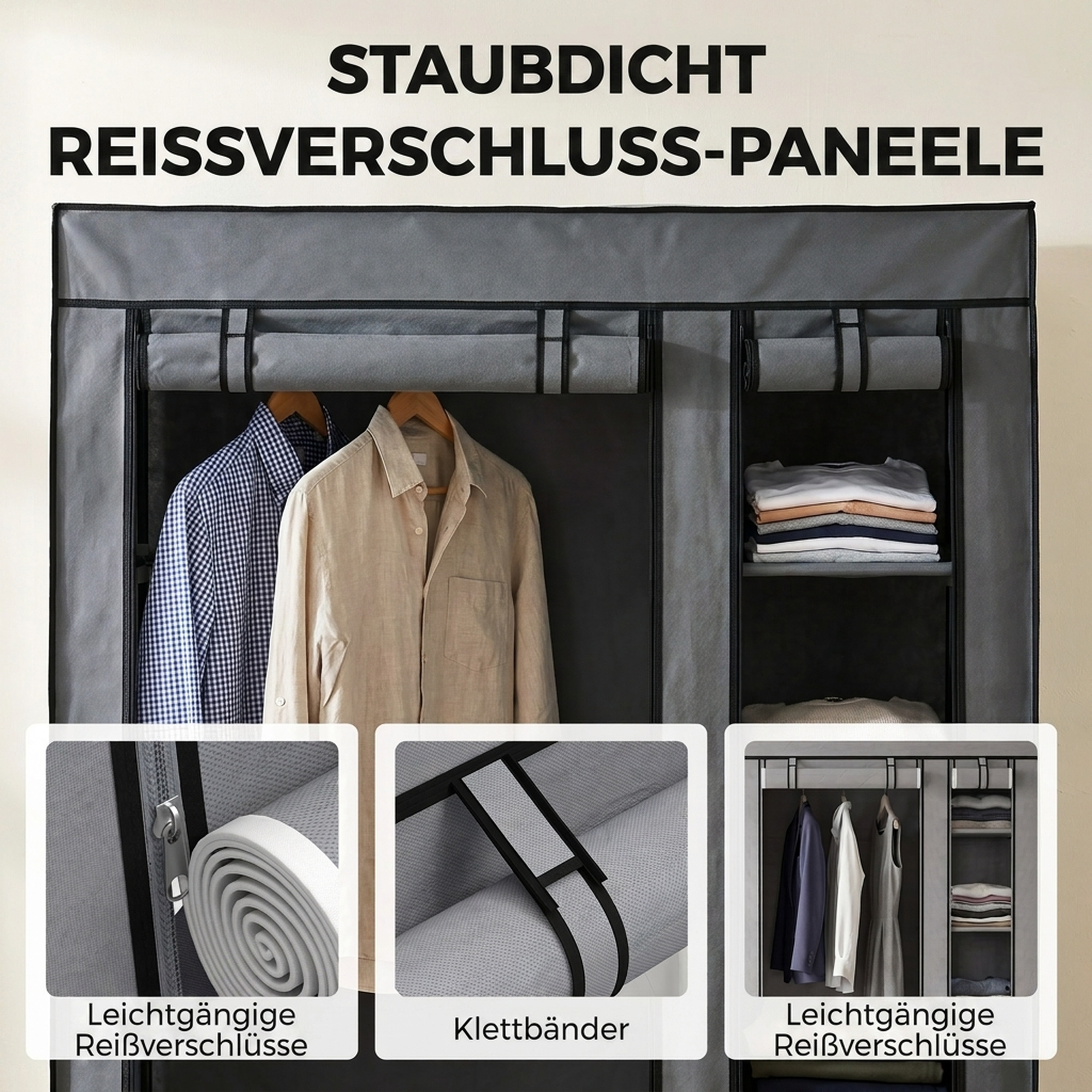 Mobiler Stoffkleiderschrank mit Kleiderstange und 5 Ablagefächern, Grau