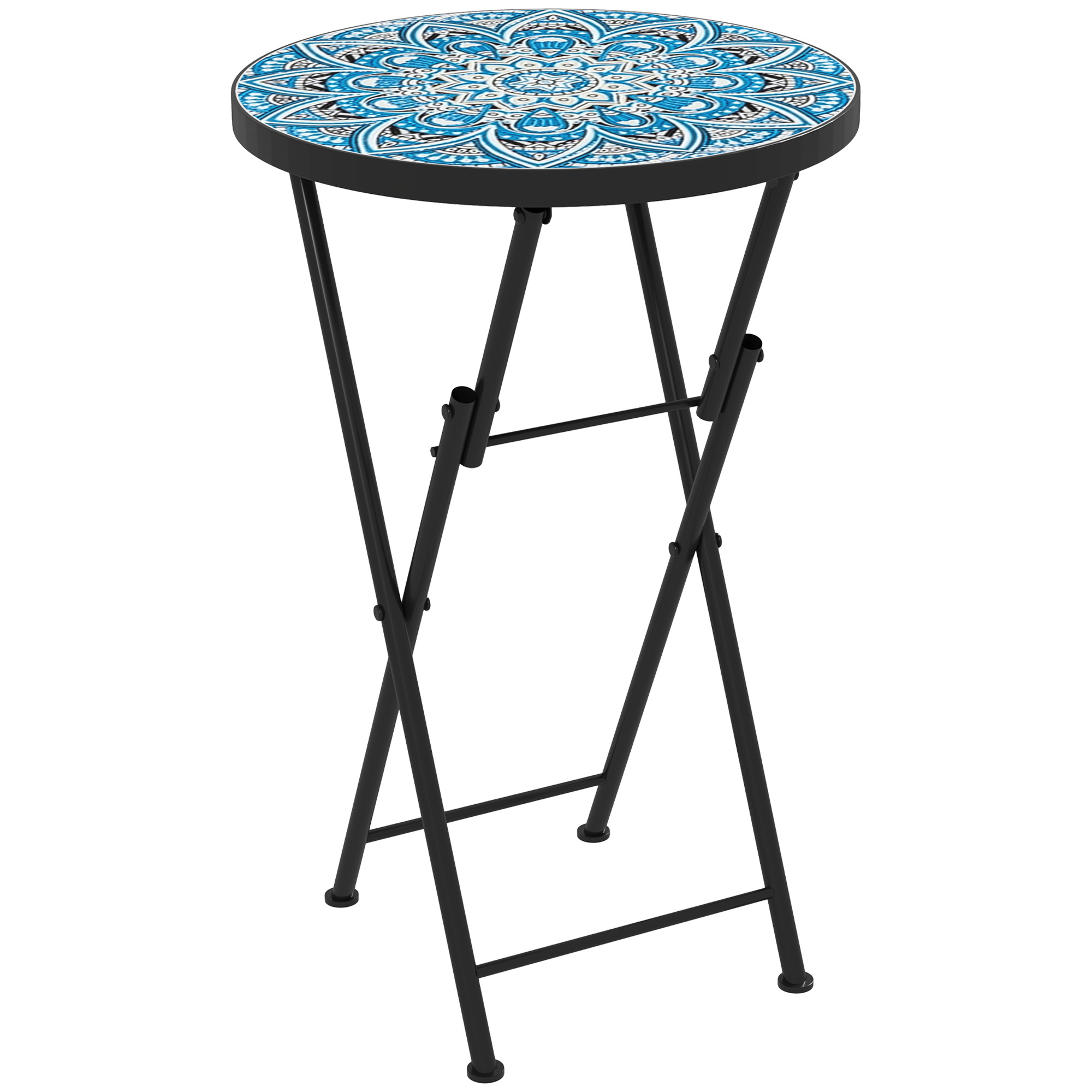 Mosaik-Gartentisch, Faltbarer runder Terrassentisch mit Metallrahmen und Keramik-Tischplatte, Mosaik-Muster, Blau