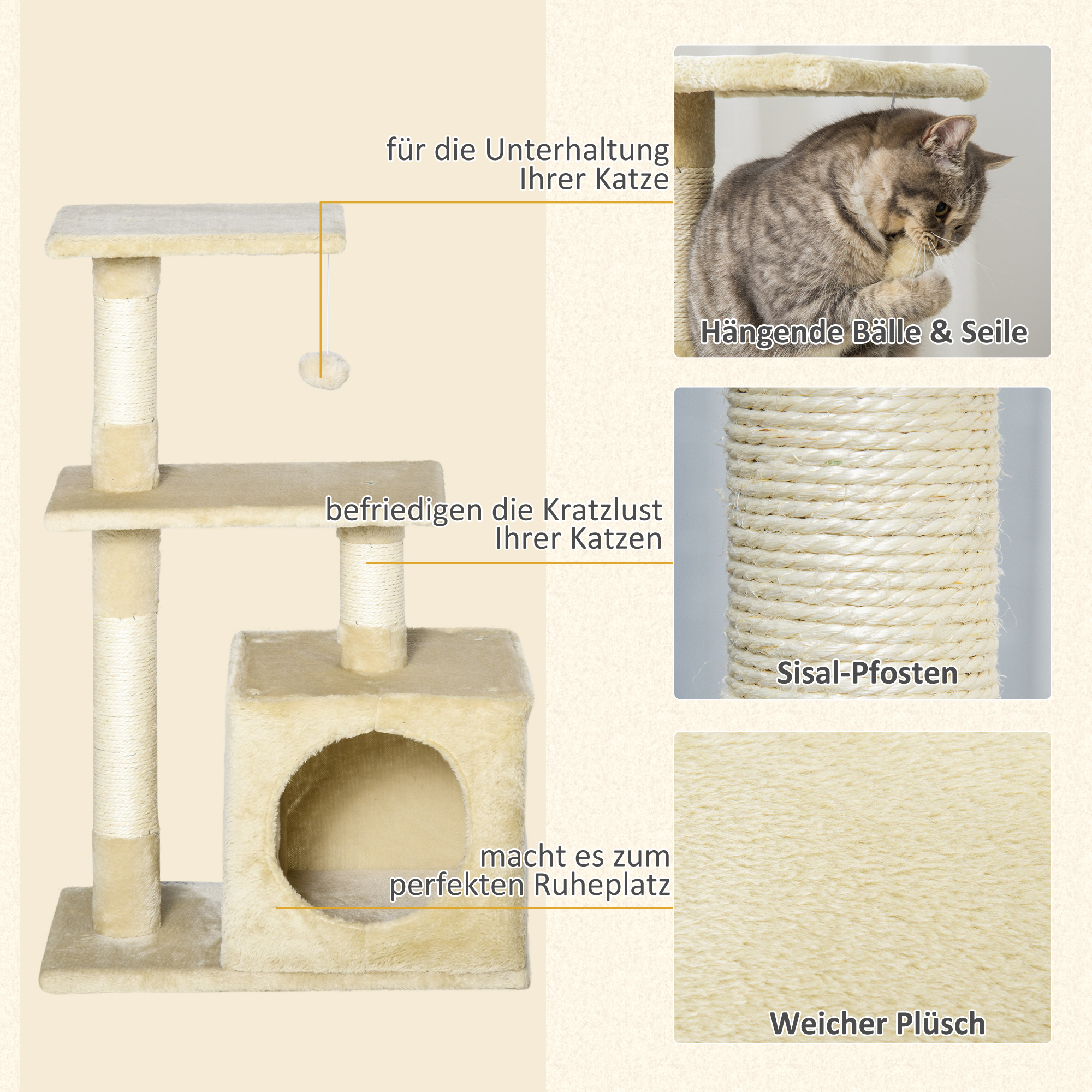Kratzbaum 81,5 cm Katzenbaum mit Katzenhöhle, Plattformen, Katzenkratzbaum mit Sisal-Kratzsäulen, Spielball, für Katzen bis 4,5 kg, Beige