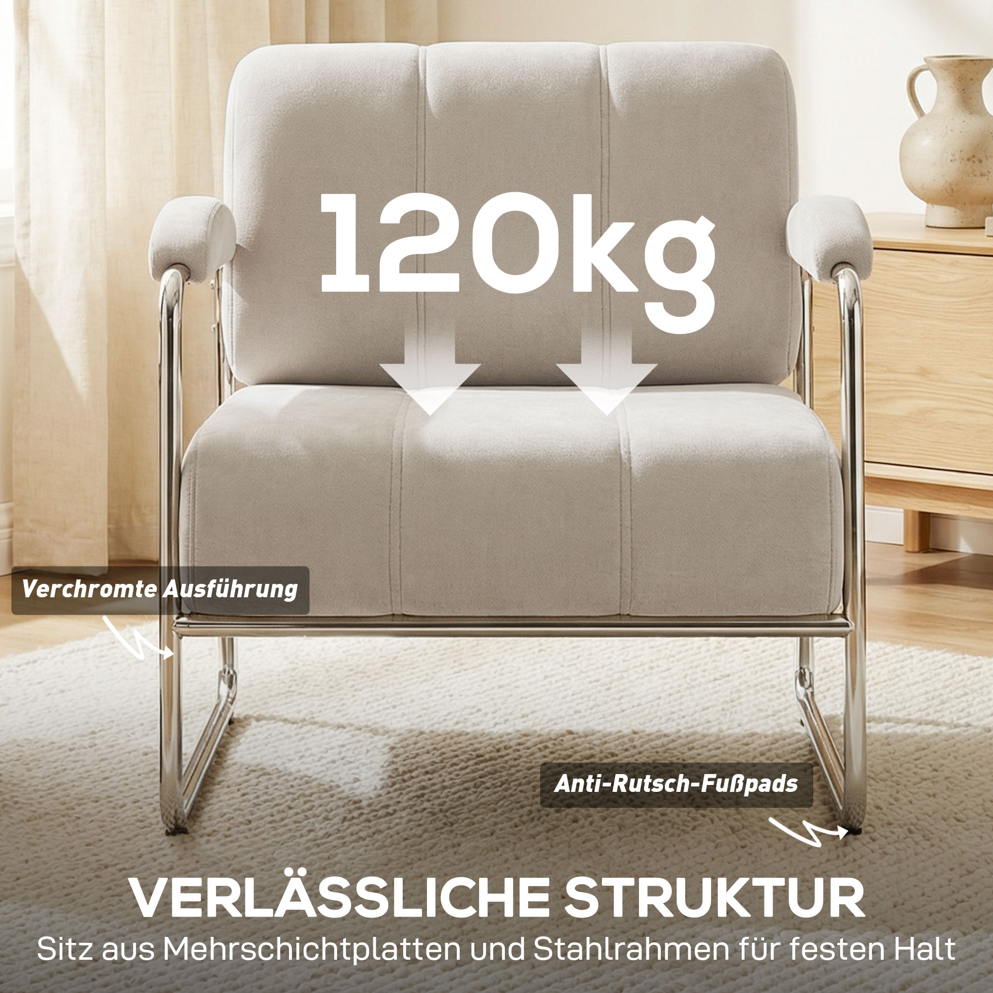 Moderner Sessel, Akzentstuhl mit breitem Sitz und dicker Polsterung, Chenille-Polsterstuhl fürs Wohnzimmer, Beige