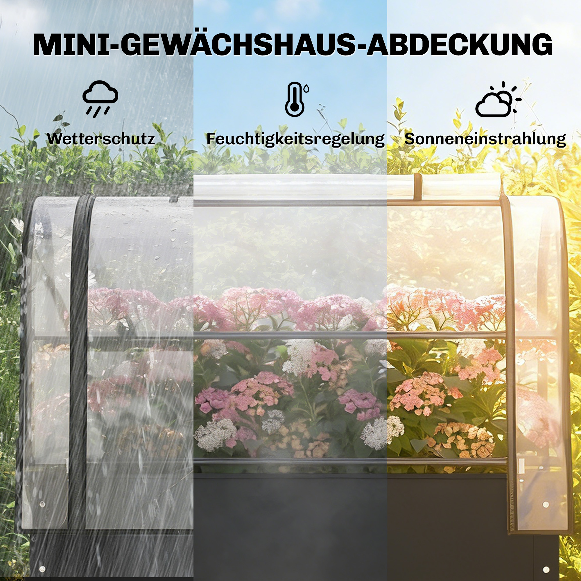 Hochbeet mit Gewächshaus-Aufsatz Pflanzkasten mit aufklappbar Abdeckung Rollbar Reißverschlusstür Abflussloch Schwarz