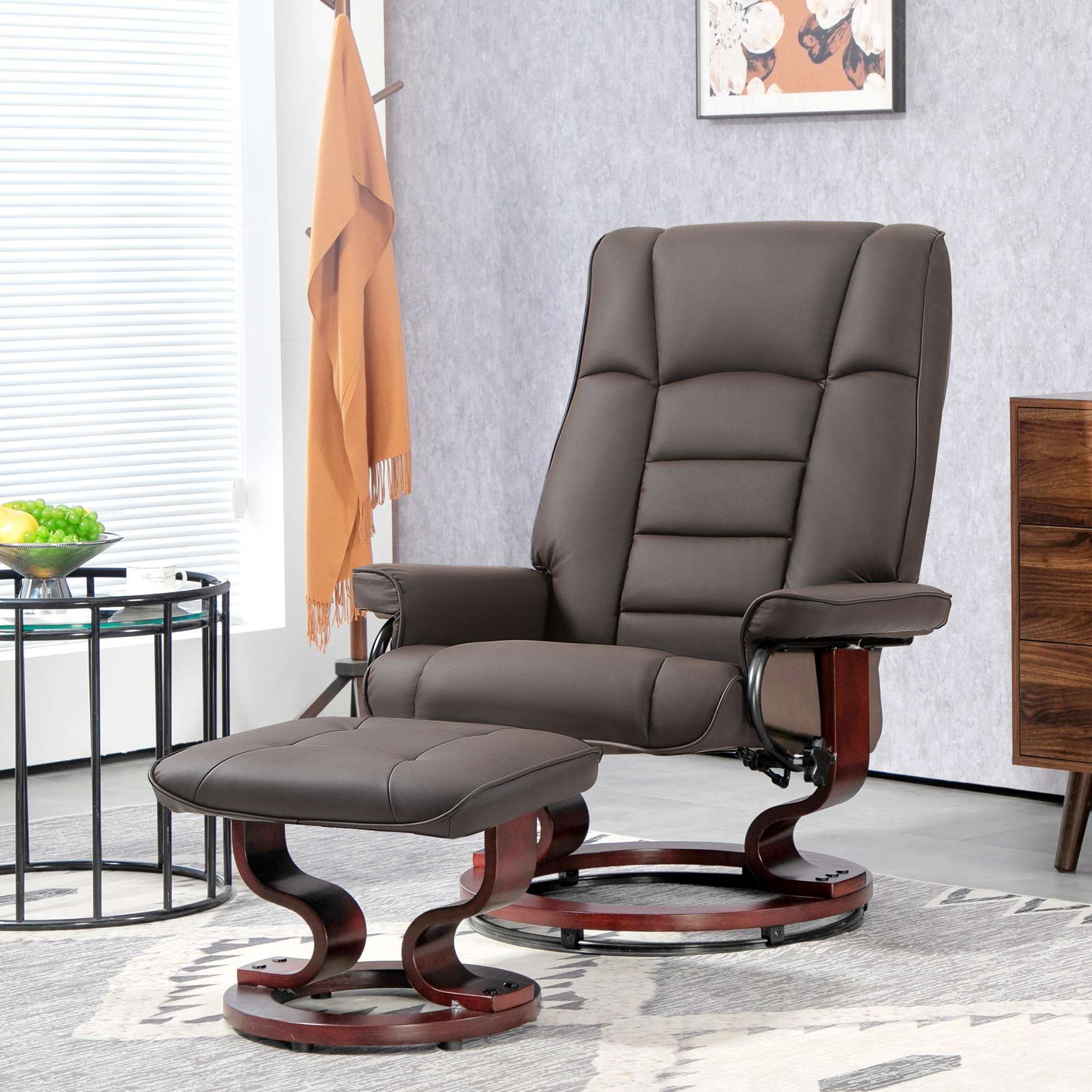 Relaxsessel mit Hocker, drehbar & neigbar, Kunstlederbezug, bis 150 kg, Holzgestell, Braun
