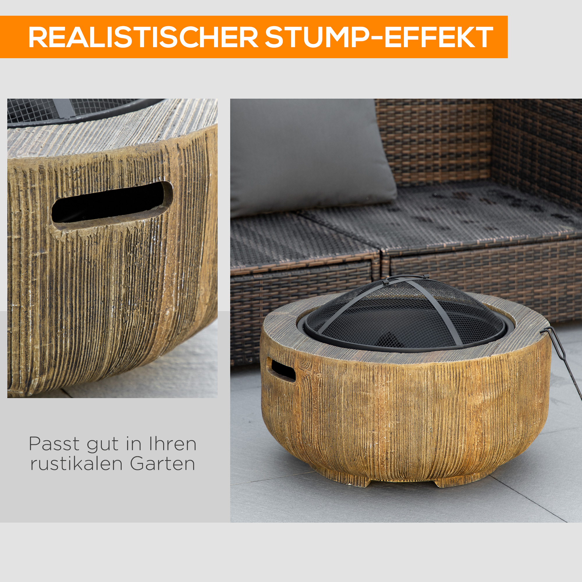 Feuerschale im Baumstumpf-Design, Funkengitter, Kohlerost, Schürhaken, Ø61,5 x 39 cm
