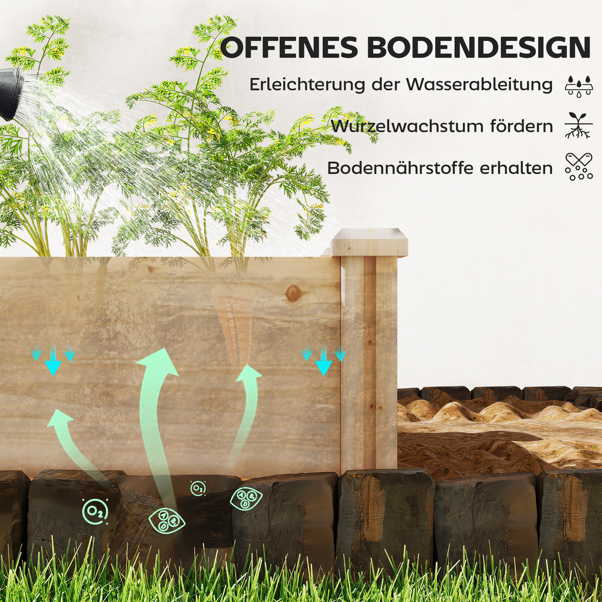 Hochbeet Holz, Pflanzbeet mit Trennwand Offenem Boden, Frühbeet Gartenbeet 235 x 66 x 26 cm Naturholz