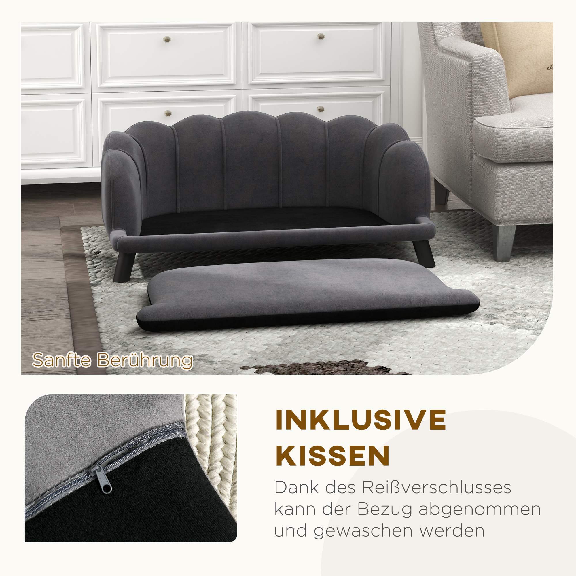 Hundesofa Hundecouch, Waschbarer Bezug, Haustiersofa mit Rückenlehne und Holzbeine, Katzensofa, für mittelgroße Hunde unter 25 kg, Dunkelgrau