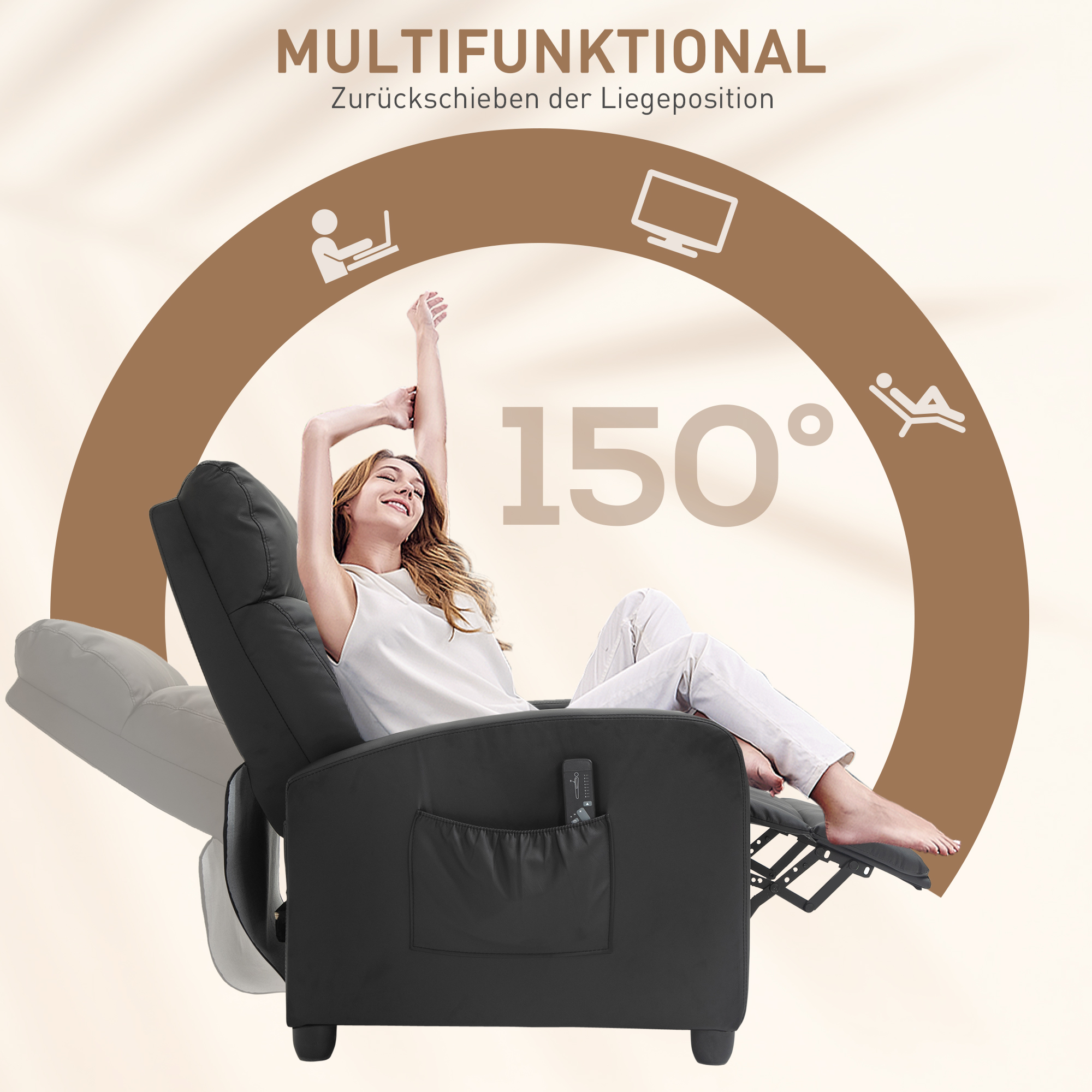 Relaxsessel Fernsehsessel mit Vibrationsmassage, Massagesessel mit Liegefunktion, 2 Massagepunkte, TV Sessel mit Fernbedienung, Seitentasche, Kunstleder für Wohnzimmer, Schwarz