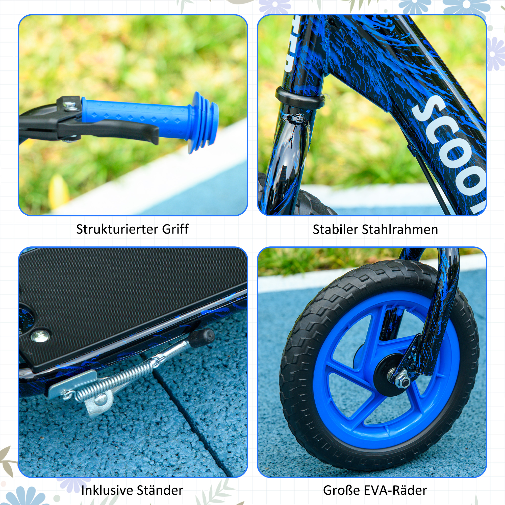 Kinderroller, höhenverstellbarer Tretroller für Kinder, mit Bremse, Ständer, 2 Räder, Stahl, Blau