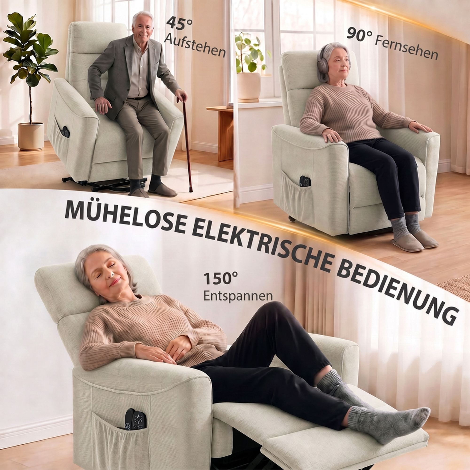 Relaxsessel mit elektrischer Aufstehhilfe, Massage & Wärme, Chenille-Sessel mit Federkern, Greige