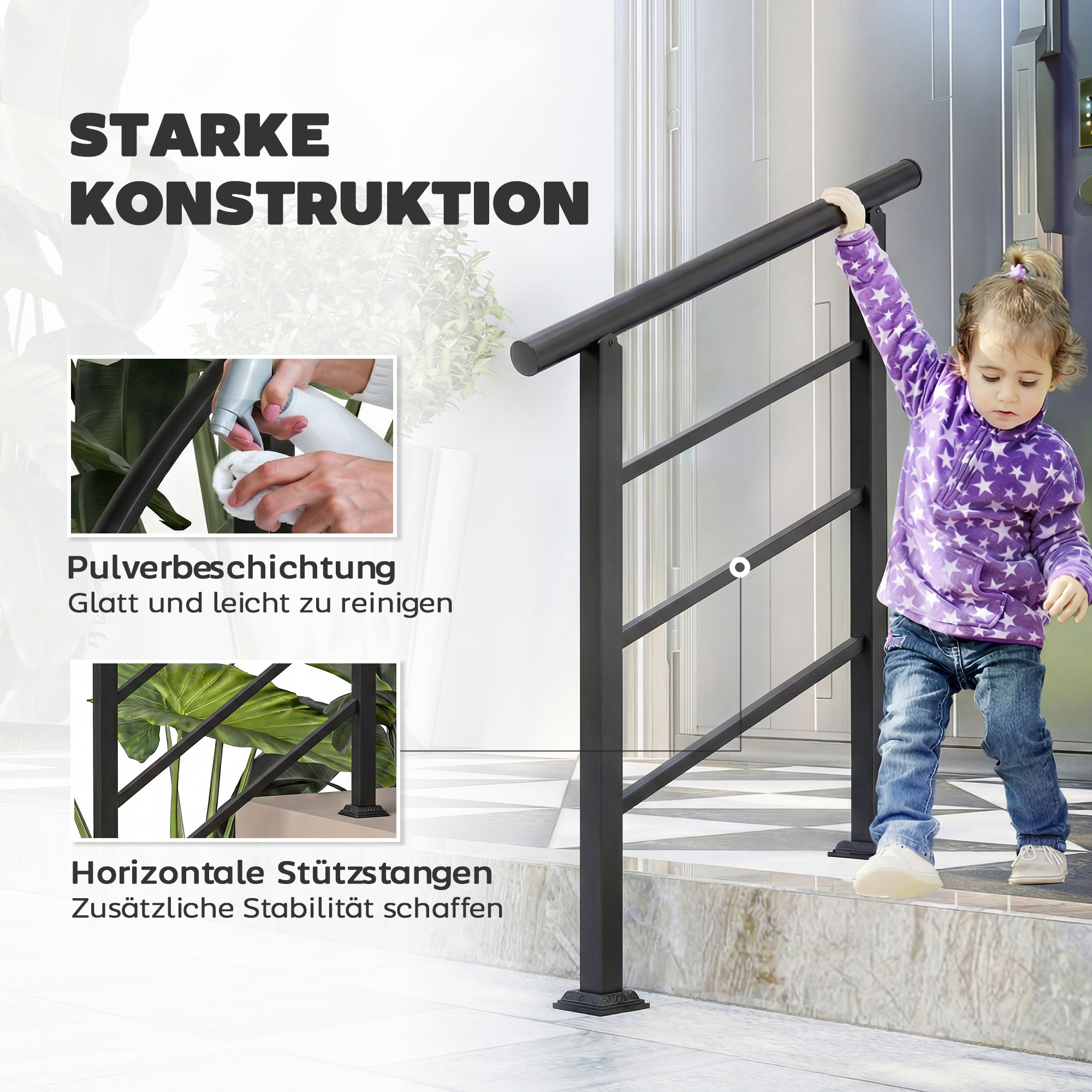 Treppengeländer für 1-3 Stufen, 94cm Winkelverstellbar Handlauf Außen und Innen Metall Schwarz