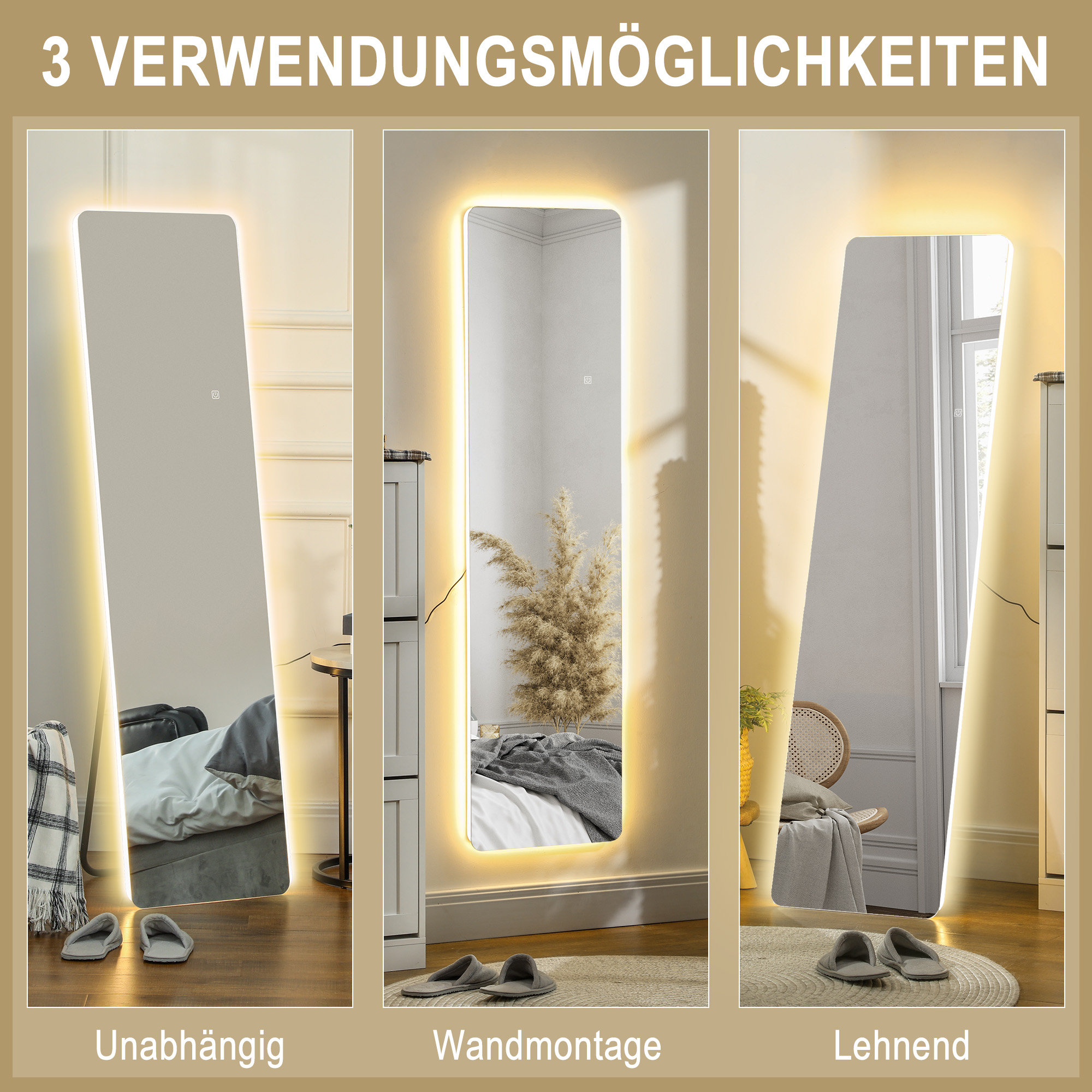 LED Ganzkörperspiegel, Touch-Steuerung, dimmbar, rahmenlos, 40 x 150 cm