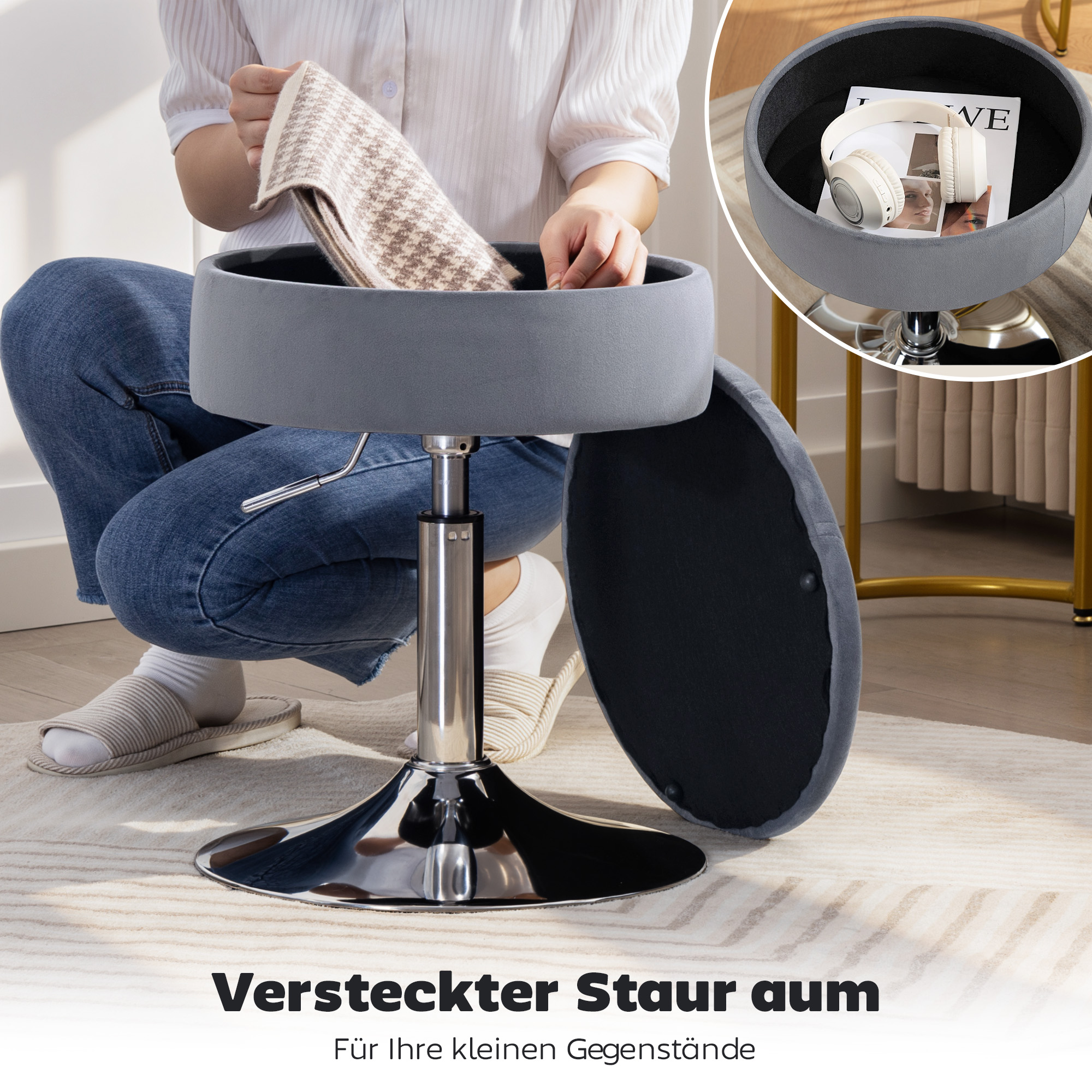 Barhocker, Bistrohocker mit Stauraum, Drehbar Barstuhl, Höhenverstellbar Küchenhocker mit Samtbezug, 39x39x65 cm, Grau