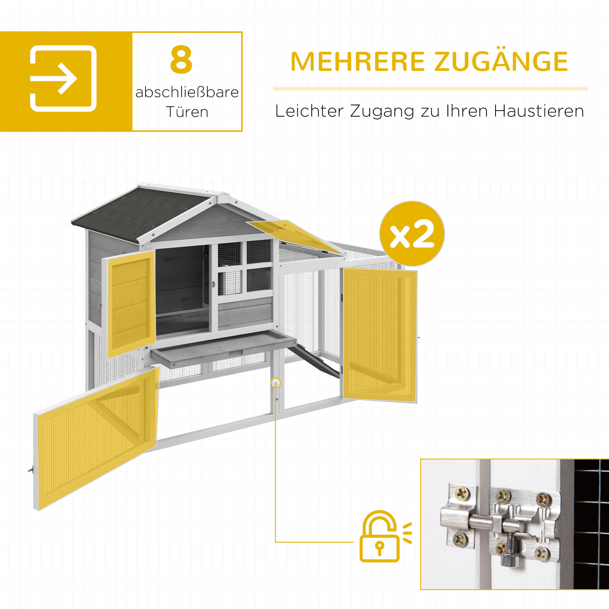 Kleintierstall, Kaninchenstall, Außengehege, Stall, Rampe, ausziehbare Bodenwannen, Weiß + Grau