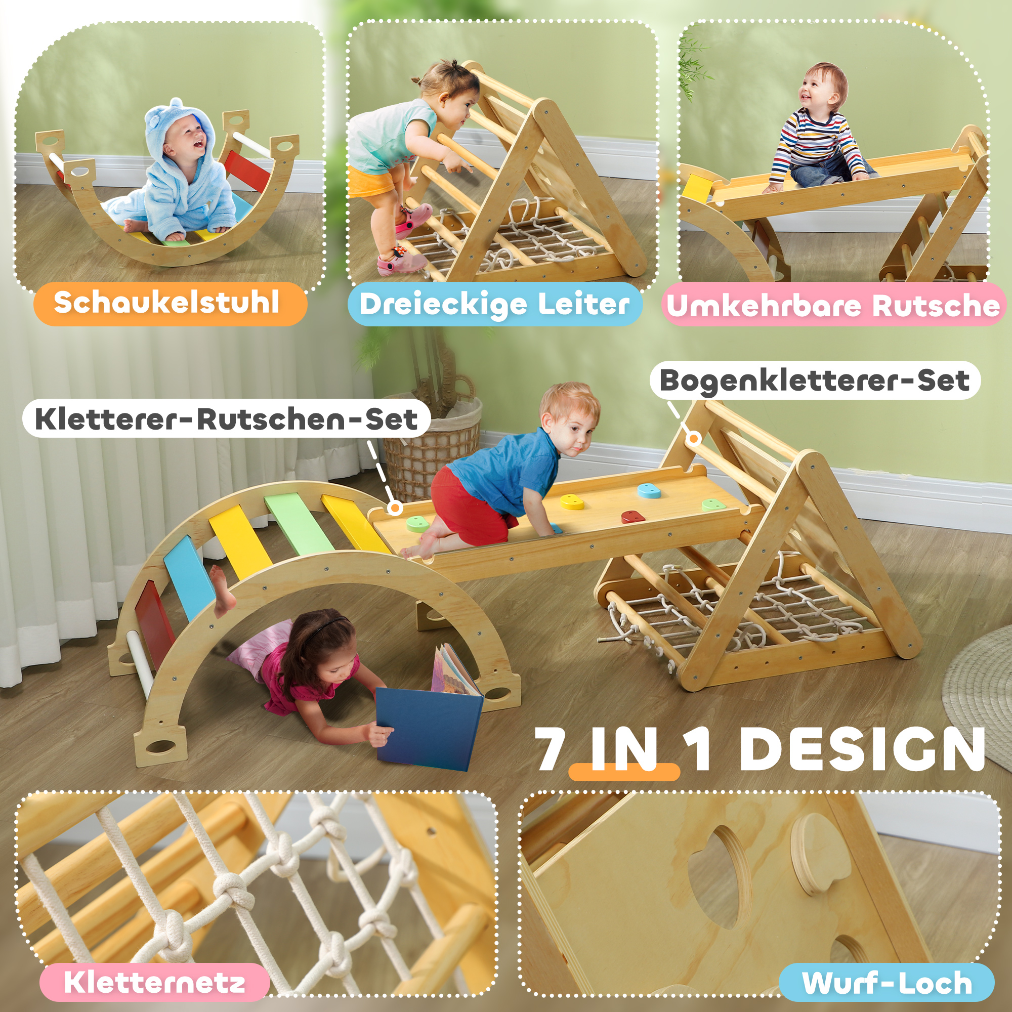 Klettergerüst Indoor, 7 in 1 Kletterdreieck mit Rutsche, Kletterbogen, Mehrfarbig