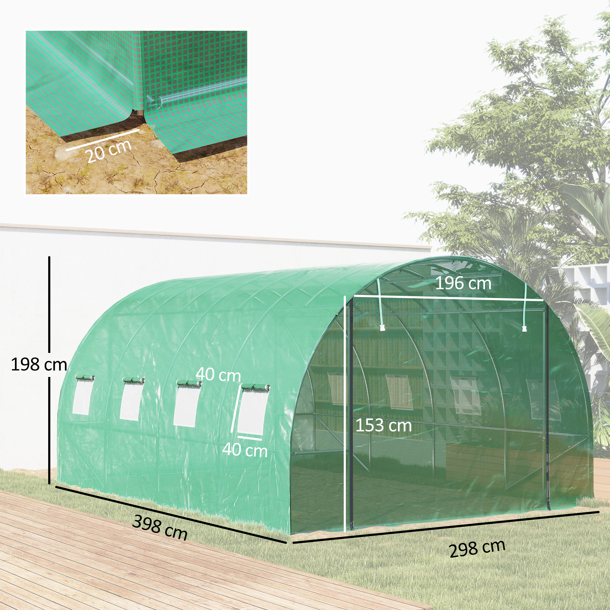 Polytunnel Gewächshaus mit Kunststoff-Abdeckung und Stahlrahmen, begehbares Gewächshauszelt mit Rolltüren, Grün
