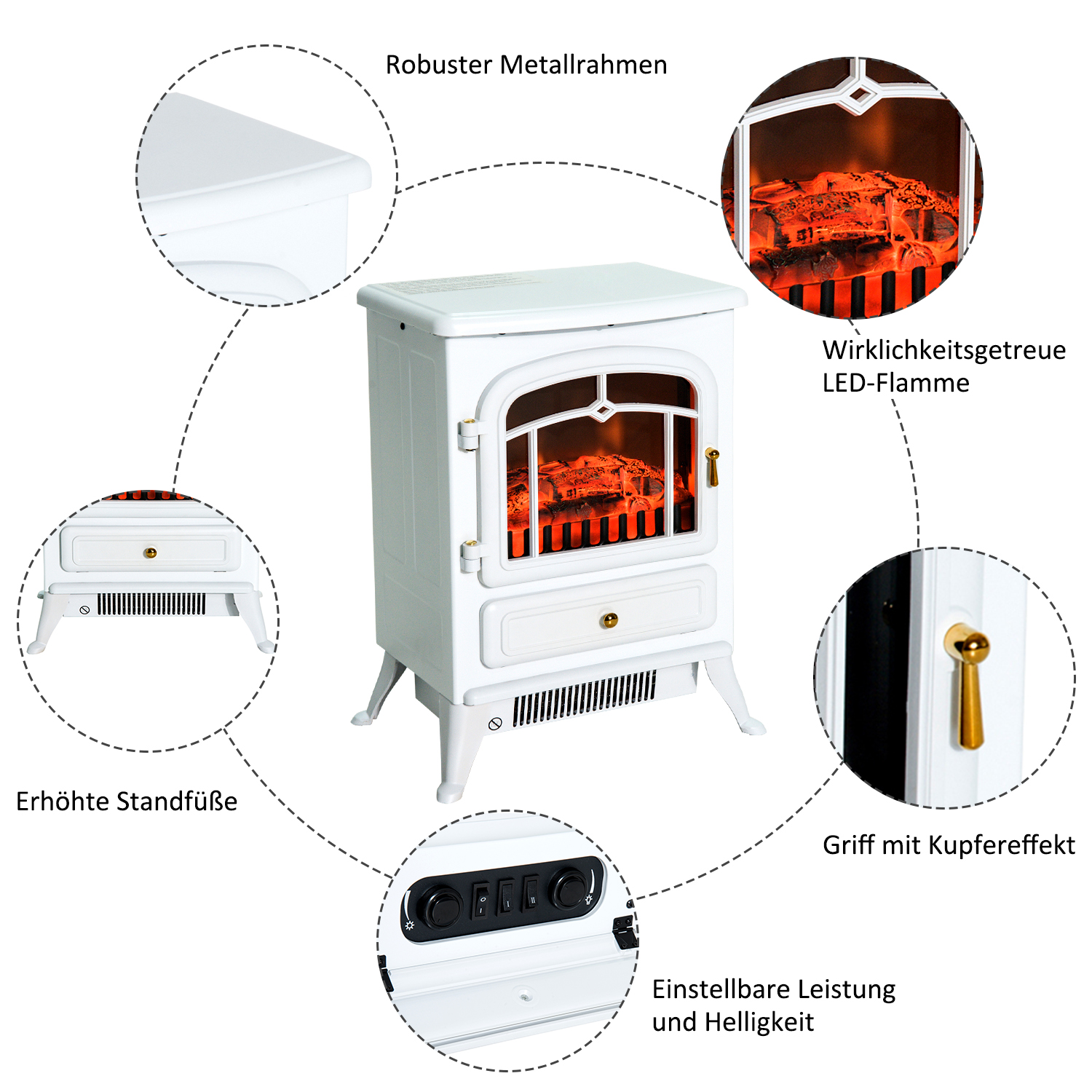 Elektrokamin mit Heizung, elektrischer Kamin mit LED Flammeneffekt, 950/1850W Dekokamin mit Thermostat, elektrisch Kaminfeuer mit Überhitzungs-Schutz, Kaminofen, Weiß