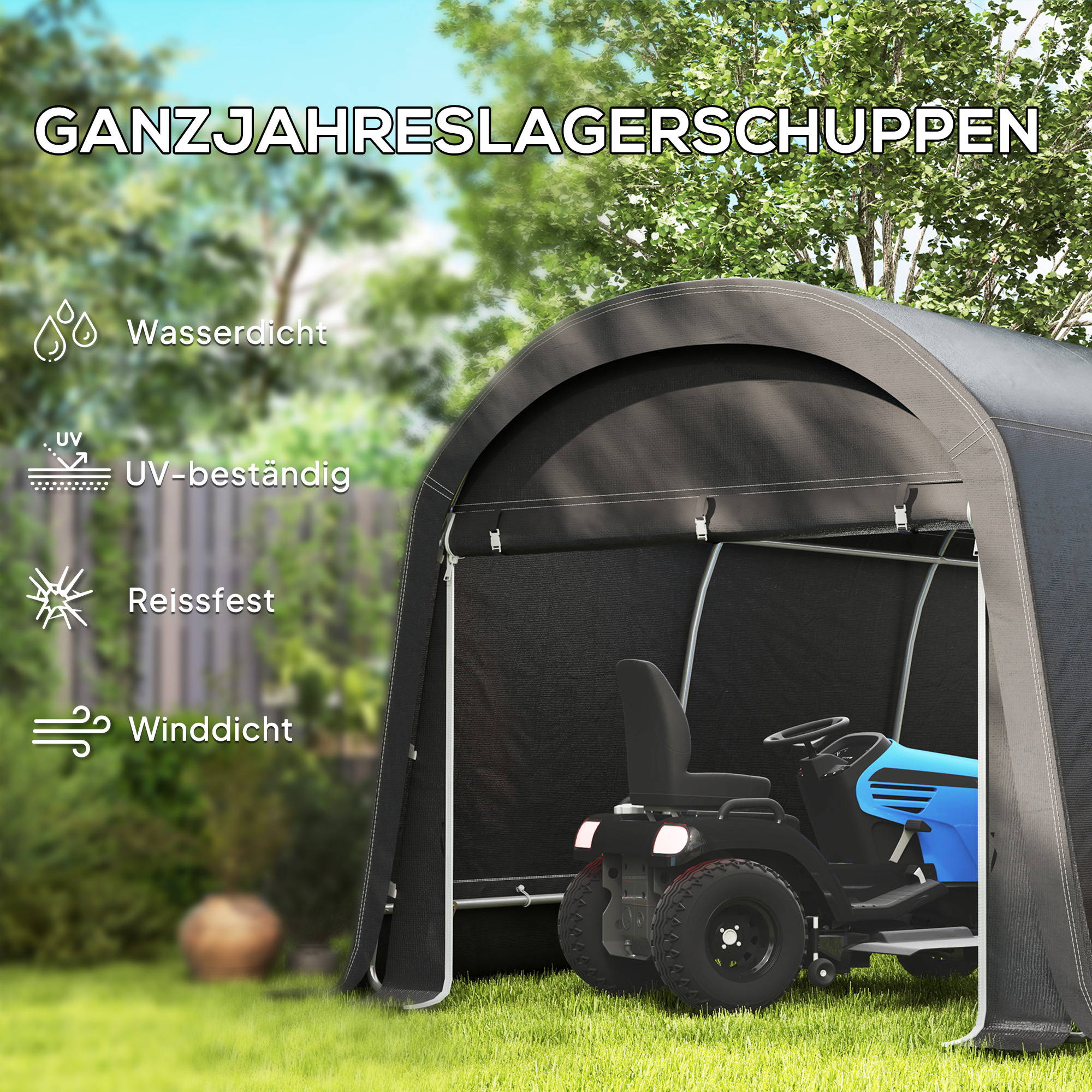 Gartenschuppen mit Kunststoff-Plane, Werkzeugzelt, aufstellbare Garage, 300B x 450T x 230H cm, Dunkelgrau