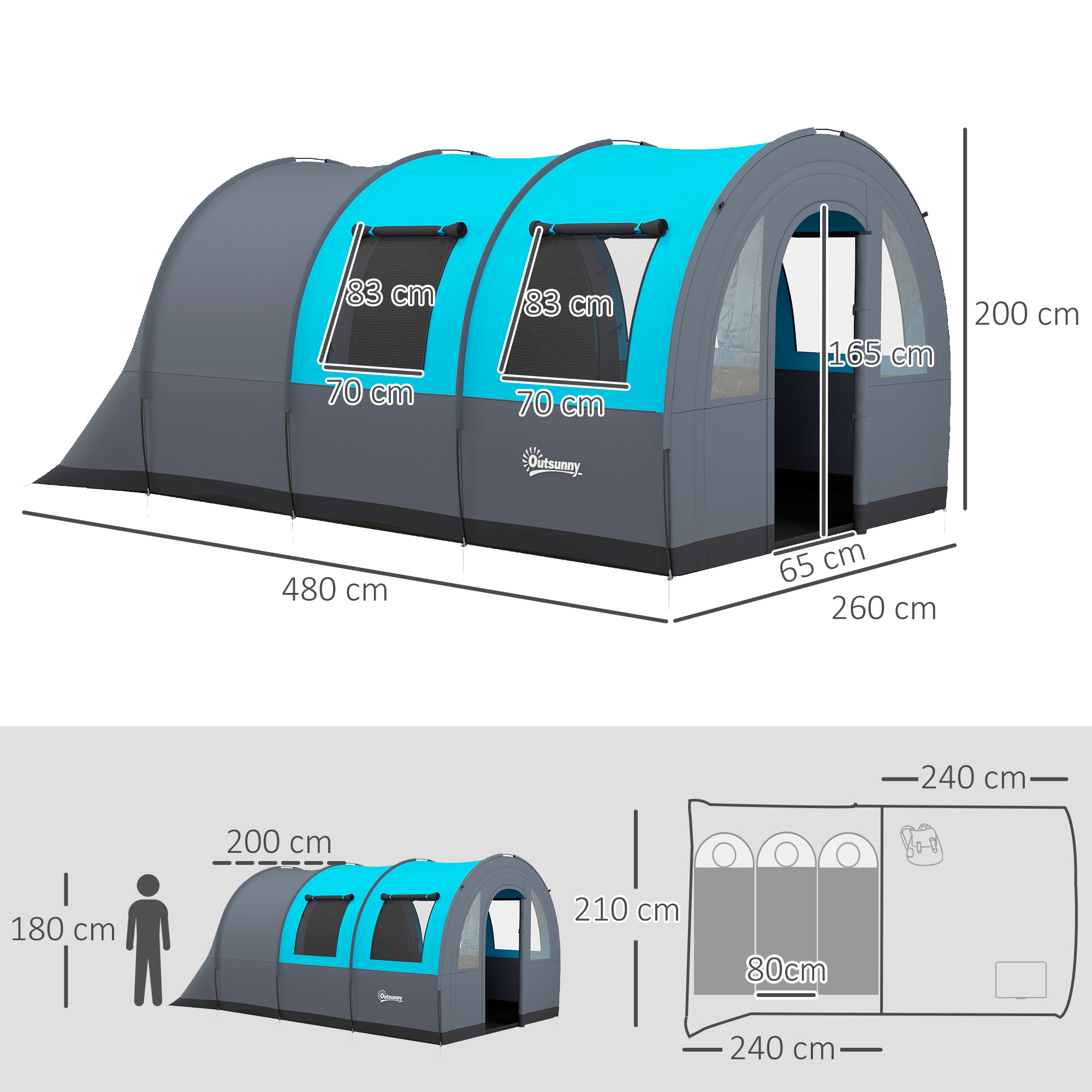 Campingzelt bis 6 Pers., Familienzelt, separate Bereiche, wasserdicht, Grau/Blau