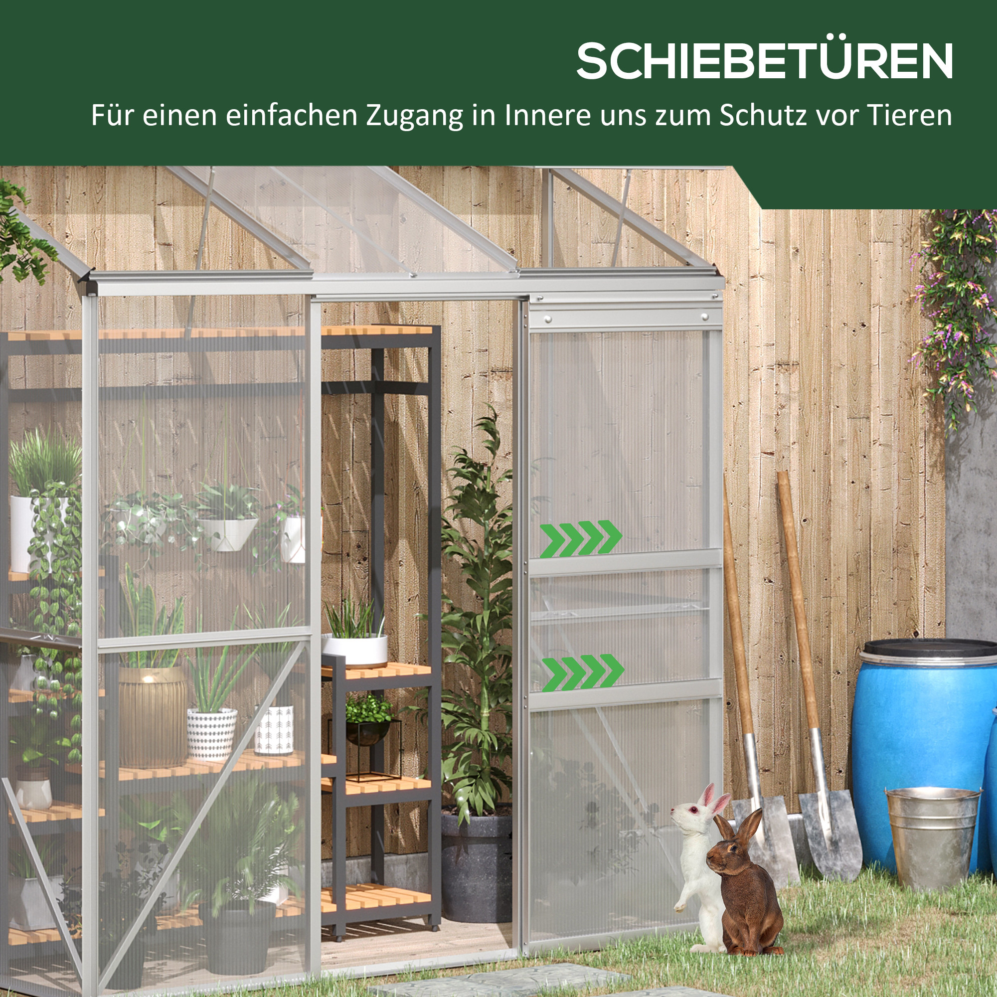 Anlehngewächshaus, Schiebetür, Dachfenster, Polycarbonat+Aluminium, Farbe: Silber, 192 x 68 x 196 cm