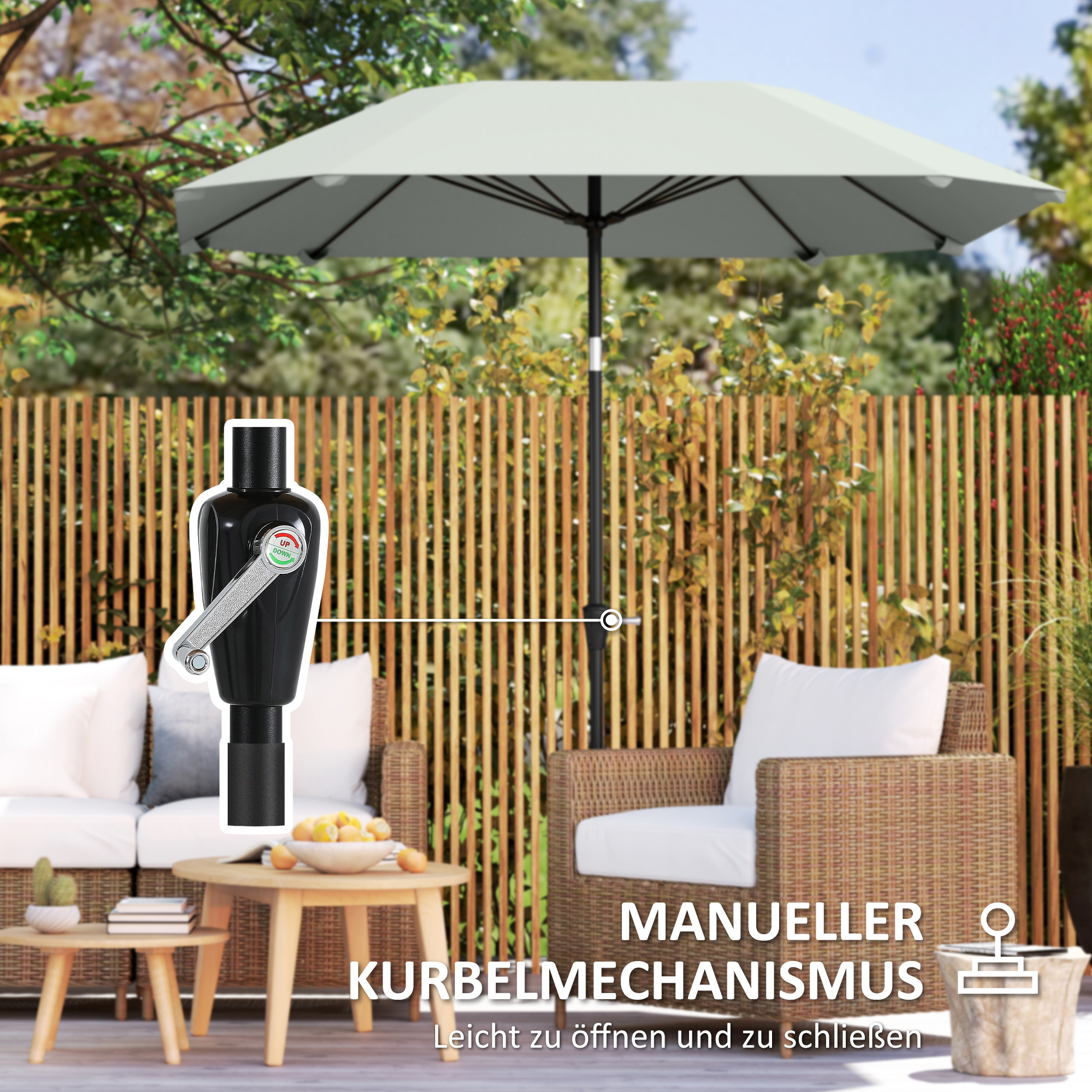 2,3 m Sonnenschirm ohne Basis, Verstellbarer Terrassenschirm mit Kurbel, Polyester, Aluminium, Fiberglas, Dunkelgrau