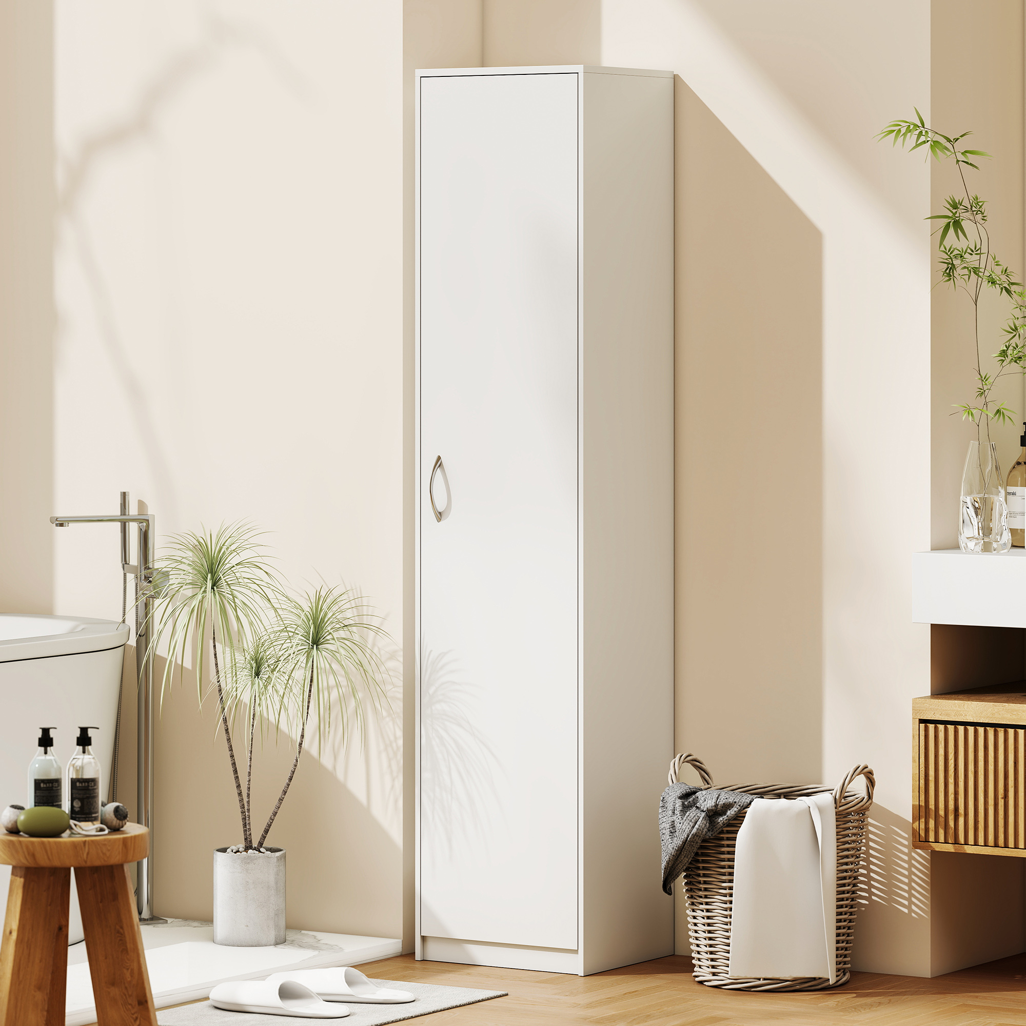 Küchenschrank, 5-Ebenen-Aufbewahrungsschrank, verstellbare Regale, für Wohnzimmer, Küche, Vorratskammer, Holz, Weiß