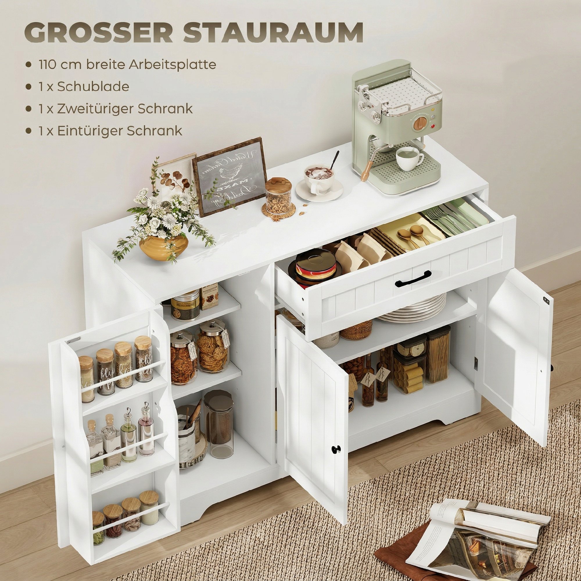 modernes Küchen-Sideboard mit Schublade, verstellbaren Regalen, kleine Küchen-Vorratskammer mit Türfächern, Weiß