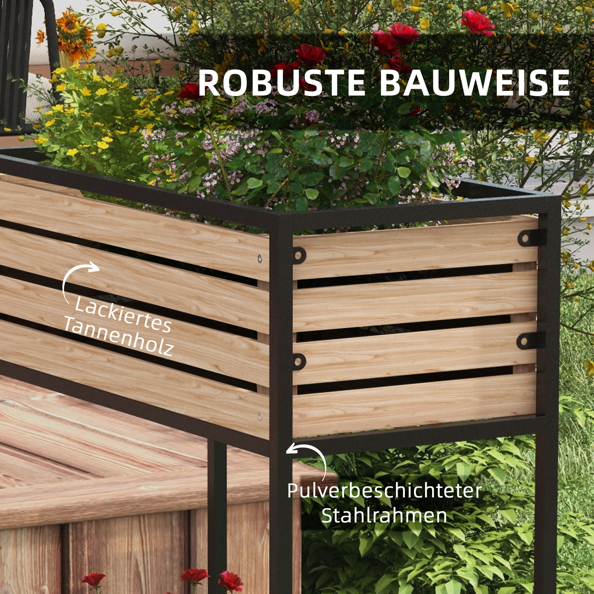 Planzkasten Blumentreppe Hochbeet, weterbeständig, 3 Pflanzkästen, 83 cm x 39 cm x 100 cm, Natur + Schwarz