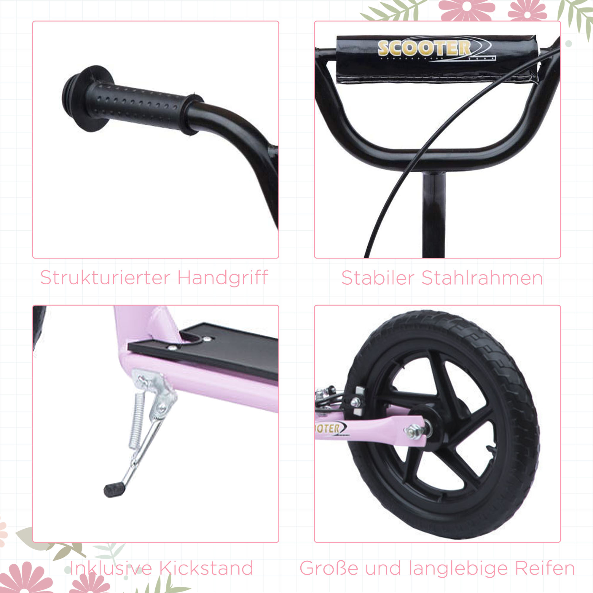 Tretroller, Scooter für Kinder, mit Handbremse, Ständer, 12 Zoll Räder, ab 5 Jahren, Stahl, Rosa 120 x 52 x 88 cm