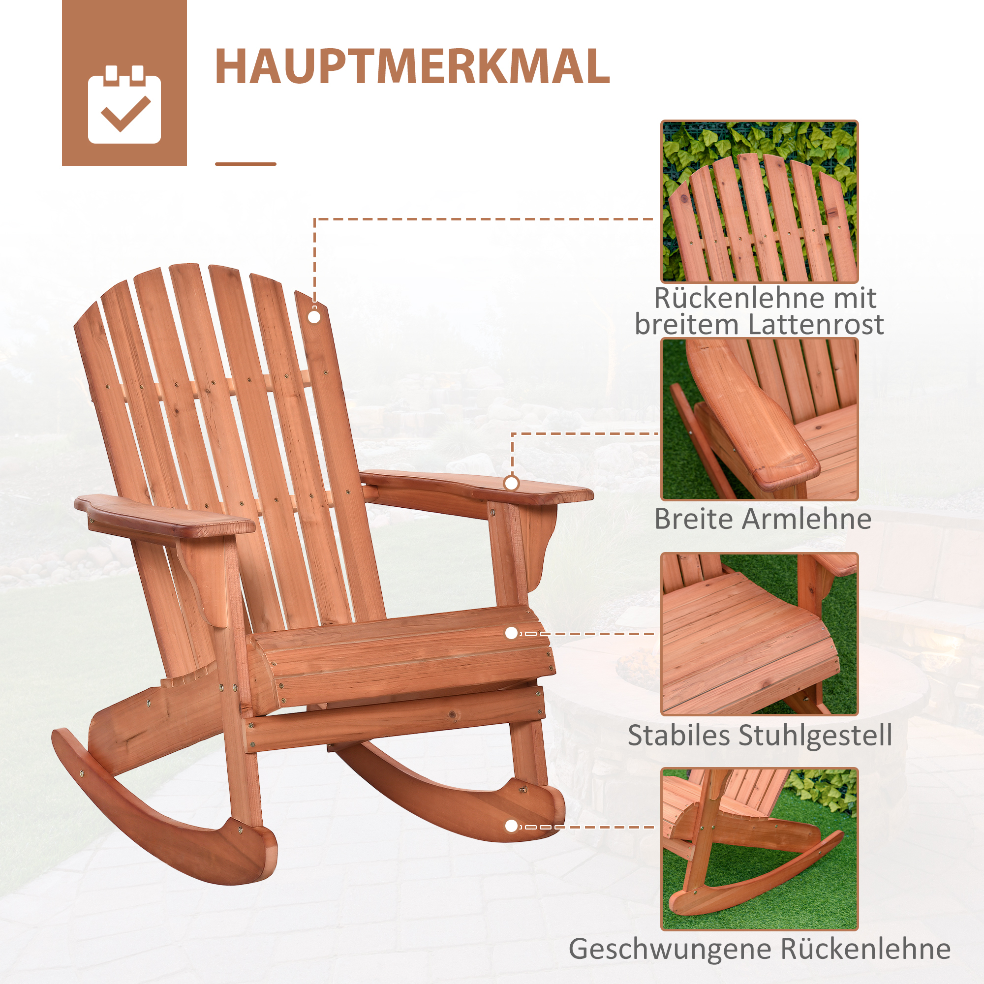 Adirondack Gartenstuhl Schaukelstuhl Schaukelsessel Gartensessel Gartenmöbel Balkonstuhl Natur 77 x 94 x 97 cm