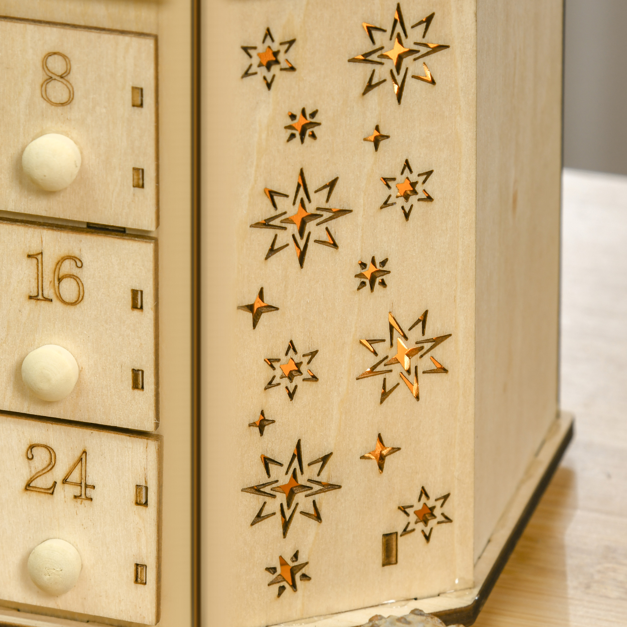 Adventskalender Weichnachtsdekoration Weihnachtsdeko, 24 Schubladen, LED-Lichter, 39 cm x 9 cm x 42 cm, Weiß + Grün
