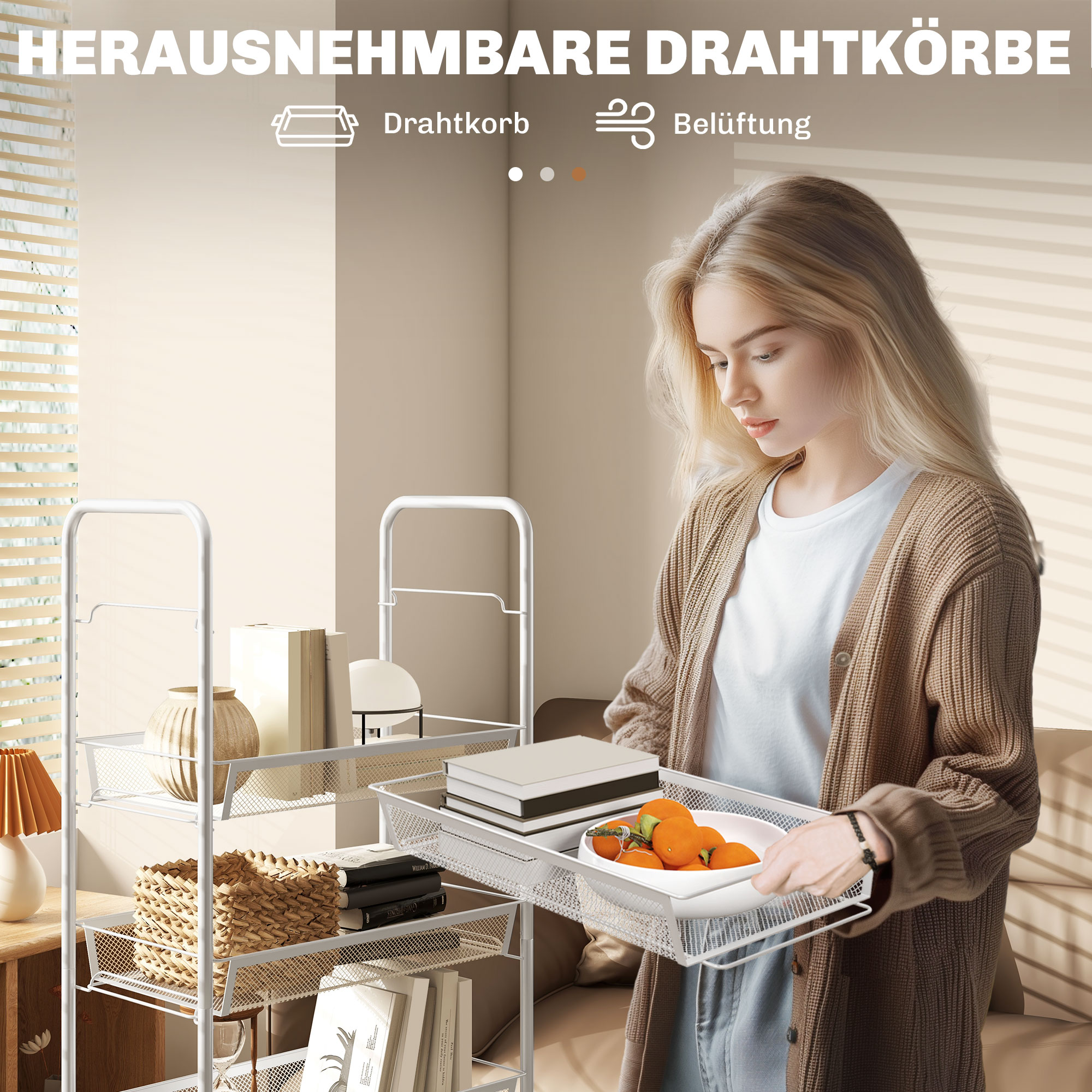 Küchenwagen mit 5 Drahtkörben, 4 Haken, 4 Rollen, 2 Griffe, Stahl/Kunststoff, 45x26,5x106 cm, Weiß