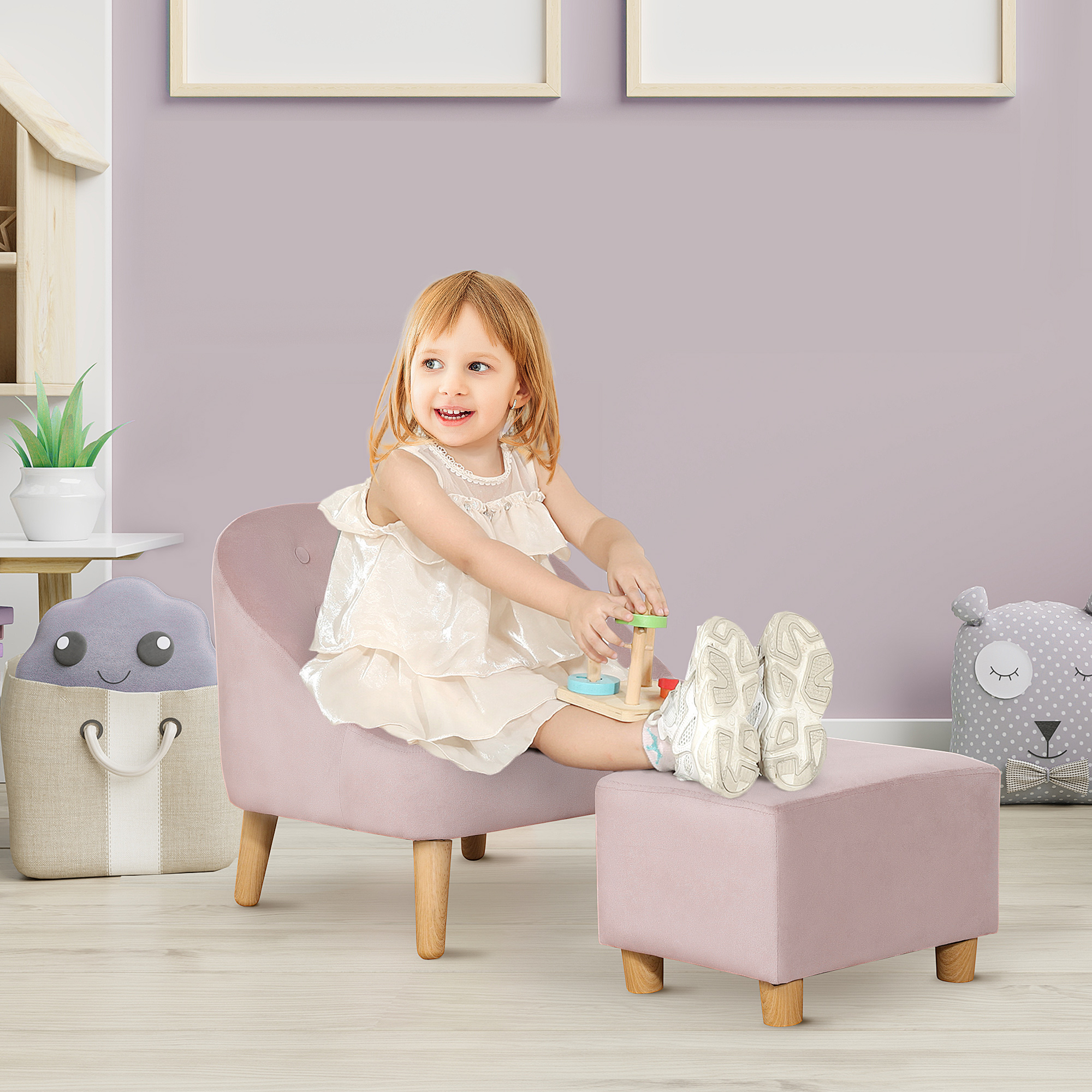 Kindersessel mit Ottomane für Kinder von 3 bis 5 Jahren Niedliches Design Samtoptik 51 cm x 51 cm x 50 cm Rosa